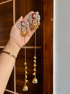 Golden & Silver Combination Long Kashmiri Earrings (Maroon)