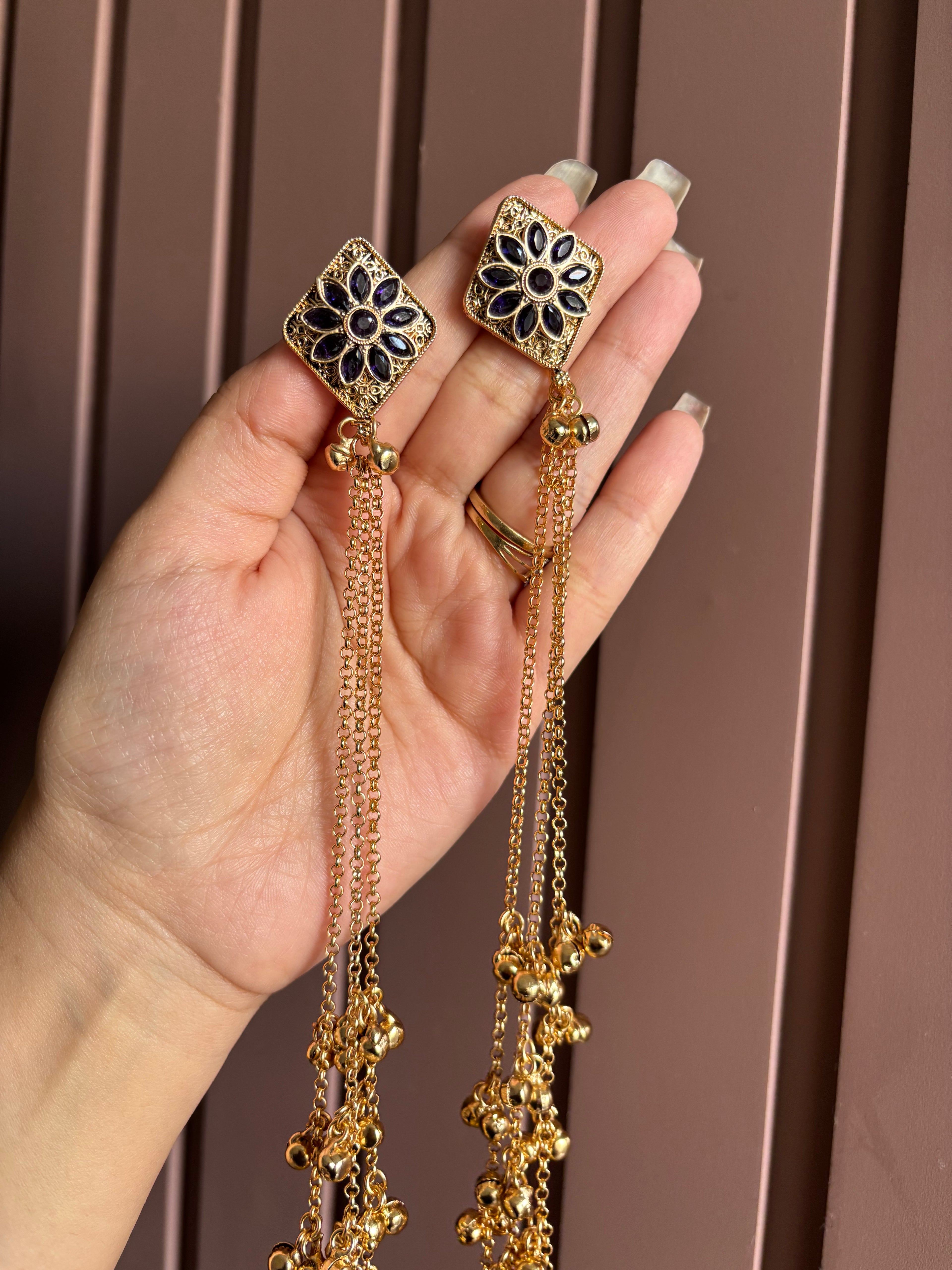 Navy Blue Kashmiri Long Earrings