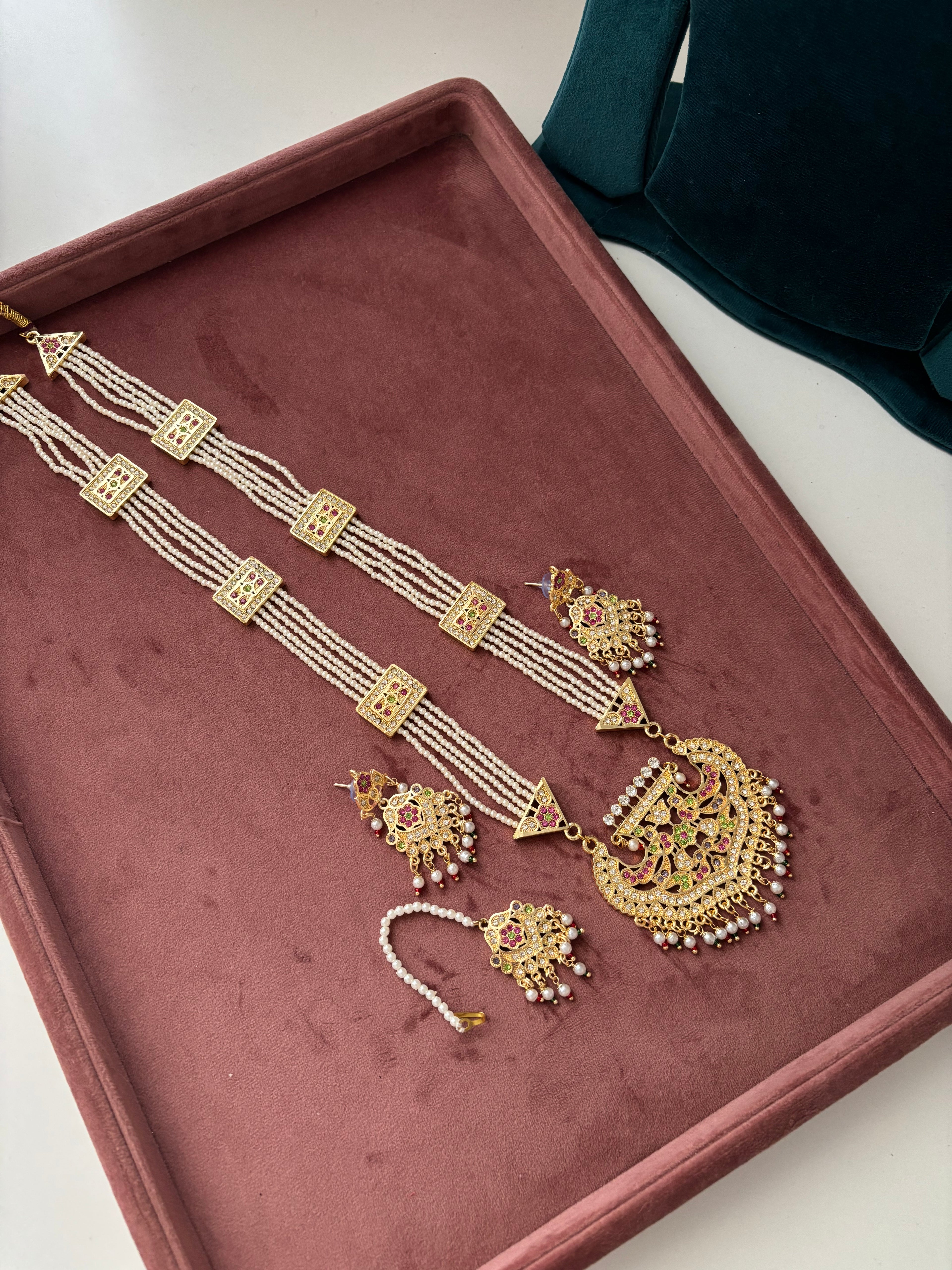 Punjabi Style Long Jadau Multi Haar With Mang Tikka & Earrings