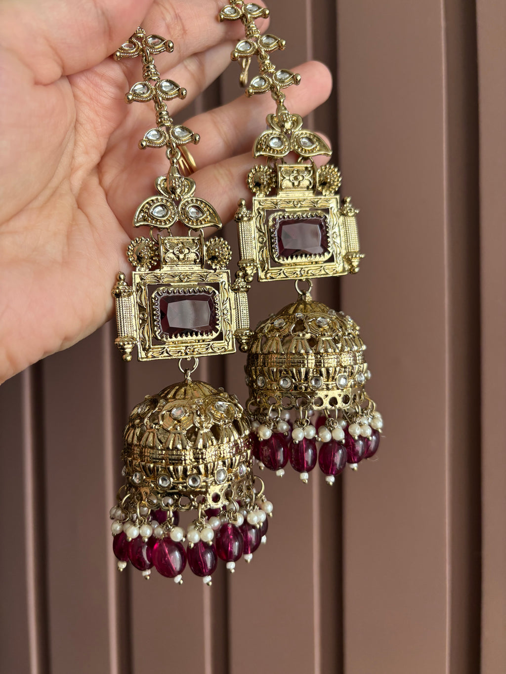 Champa Heavy Look Jhumkas With Sahara (Wine)
