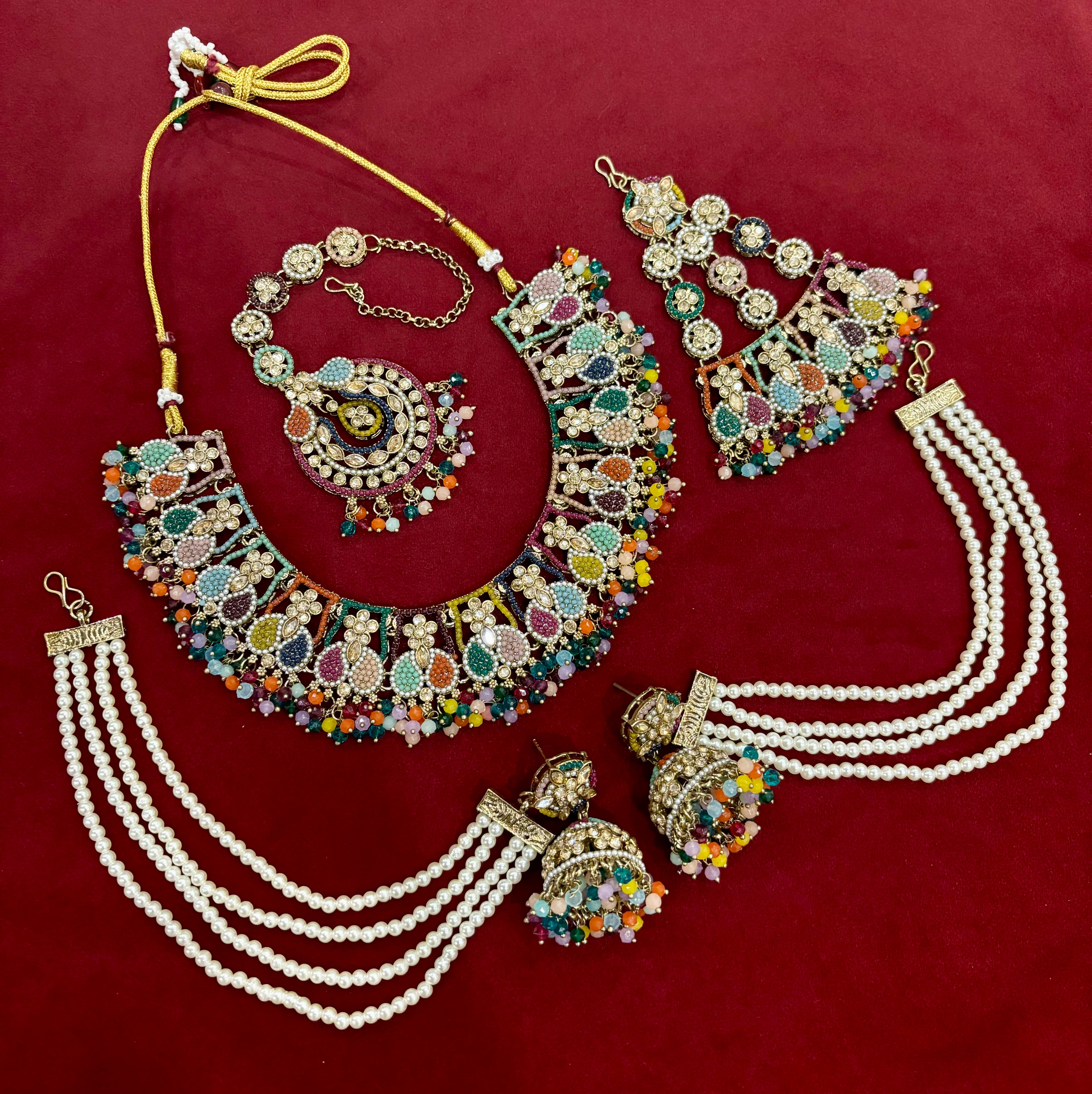 Royal Mughal Multi Necklace With Mang Tikka & Earrings With Side Layers & Passa