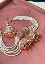 Mirror Cut Mang Tikka With Jhumkas & Detachable Earchain (Orange)