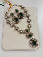 Premium Long Moissanite Necklace With Earrings (Emerald)