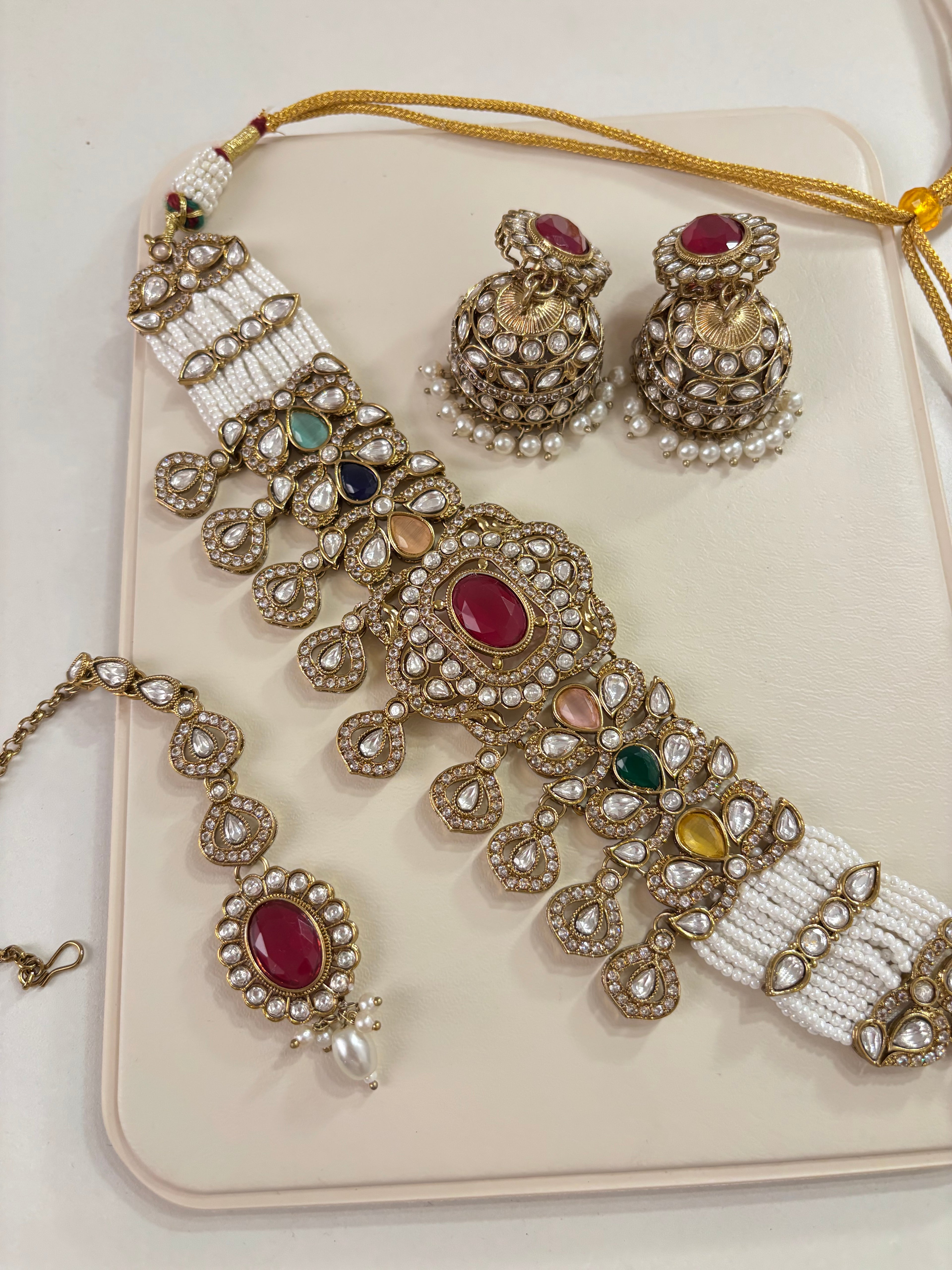 Premium Choker Choker Set With Mang Tikka & Jhumkas Moissanite Work (Multi)