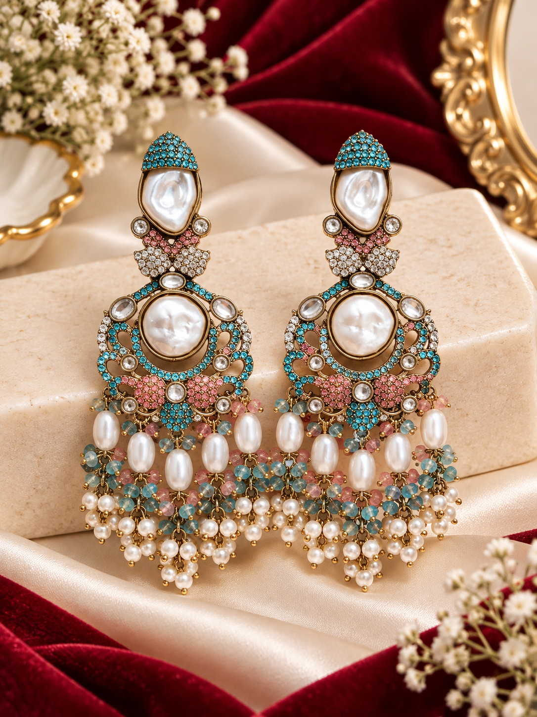 Mehboob Turkish Long Earrings (Sky Blue & Pink)