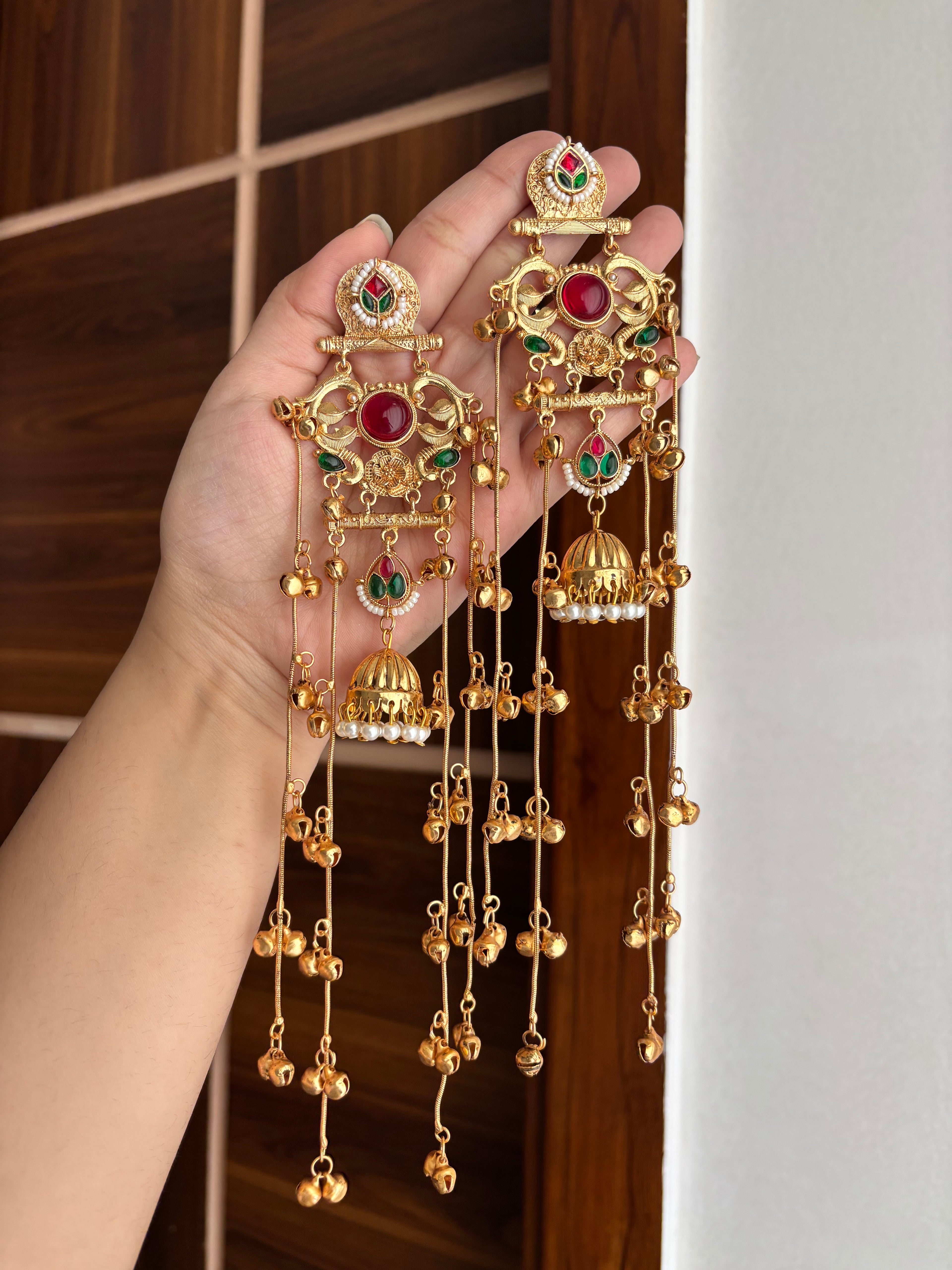 Neetika Kashmiri Long Earrings (Green & Ruby Mix)