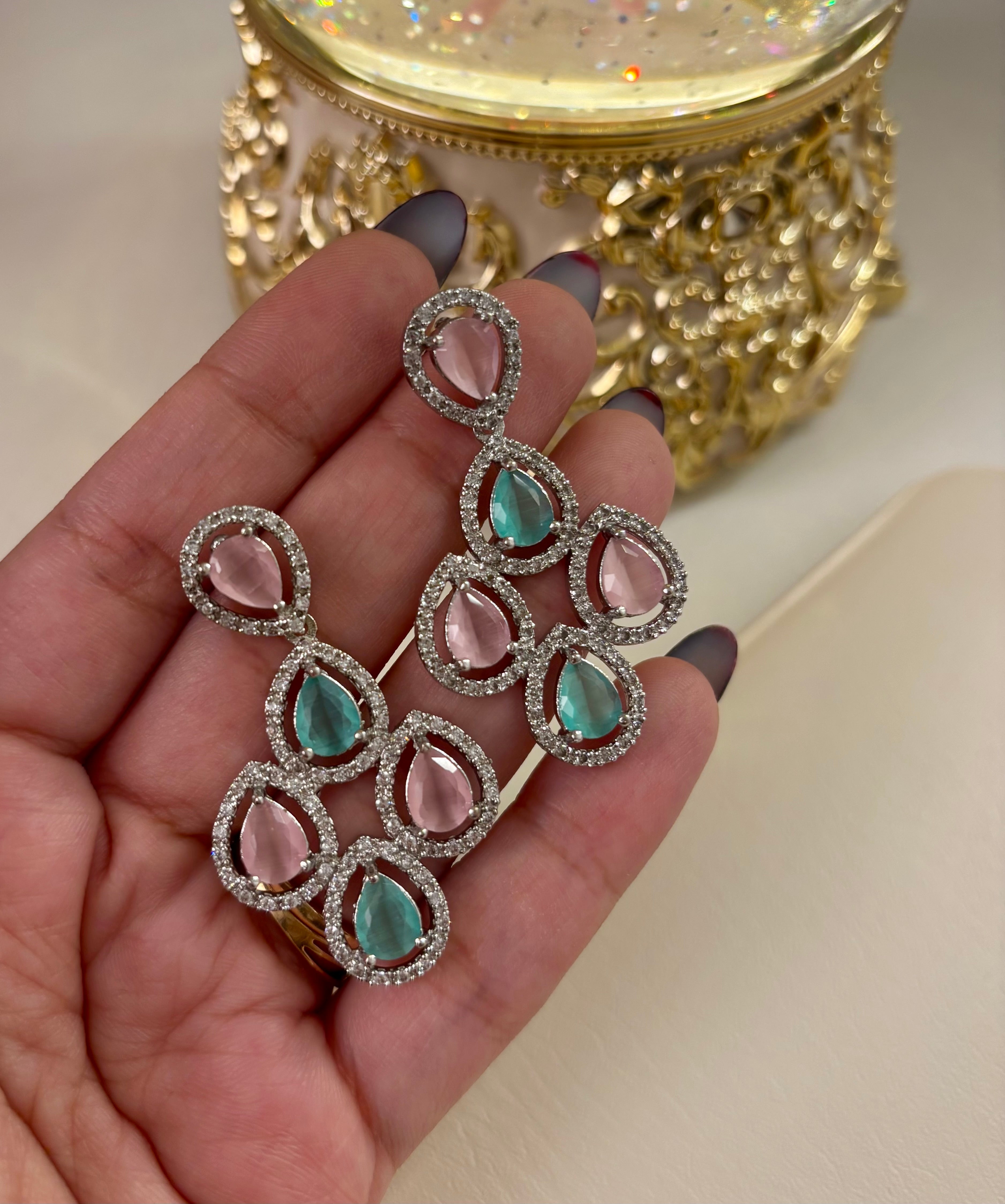 Malta Pink & Mint American Diamond Earrings