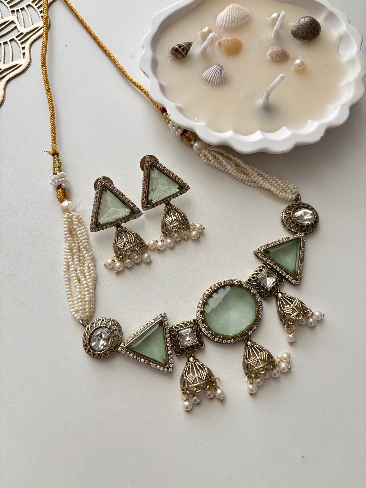 Jazz Doublet Stone Work Choker With Earrings (Mint)