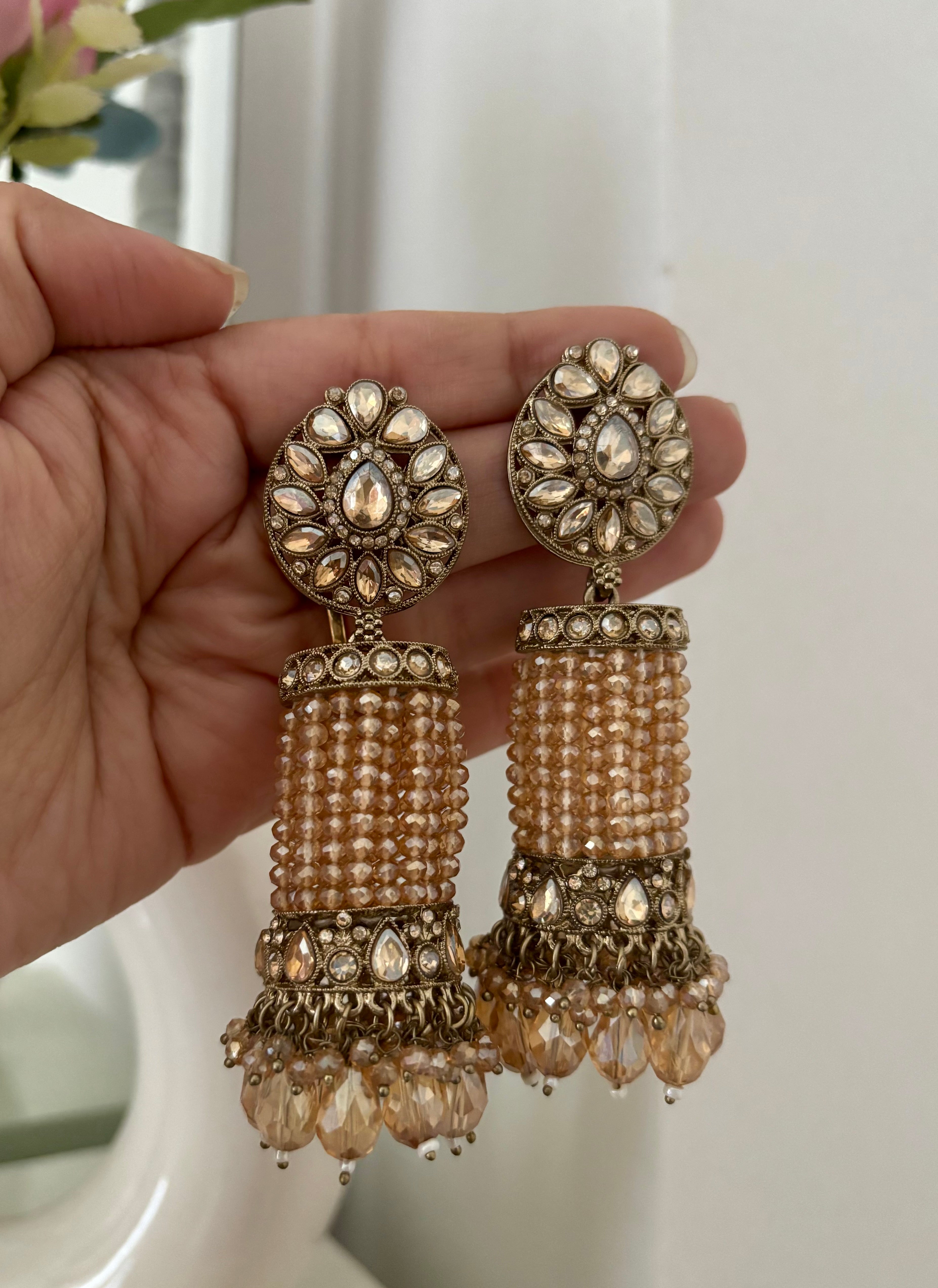 High Quality Designer Full Crystal Beads Work Almond Champagne Touch Jhumkas
