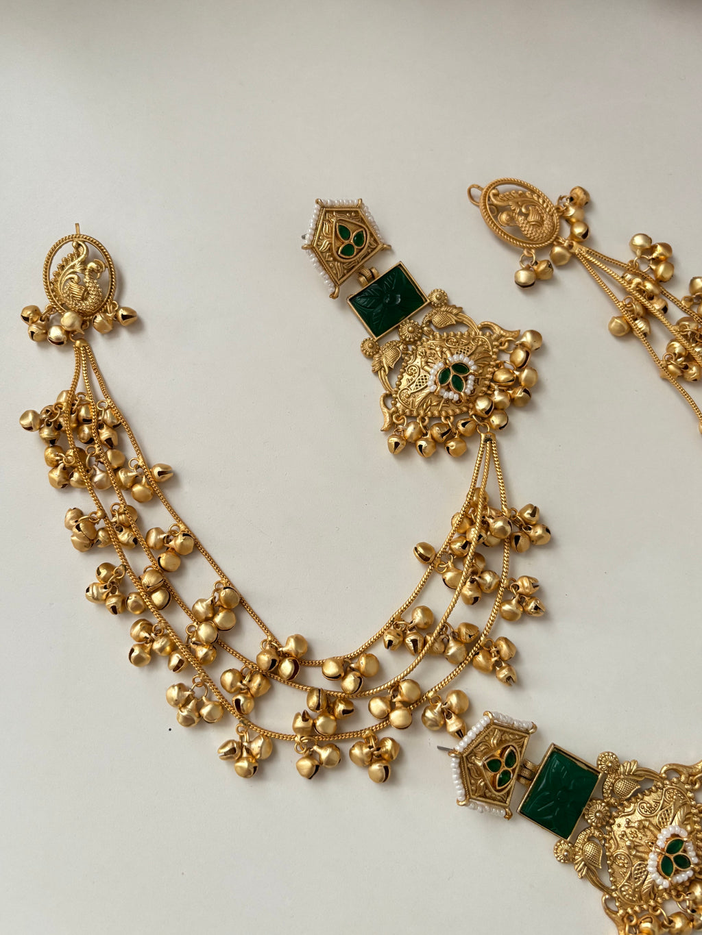 High Quality Designer Brass Kashmiri Ghungroo Touch Earrings With Side Layer (Green)