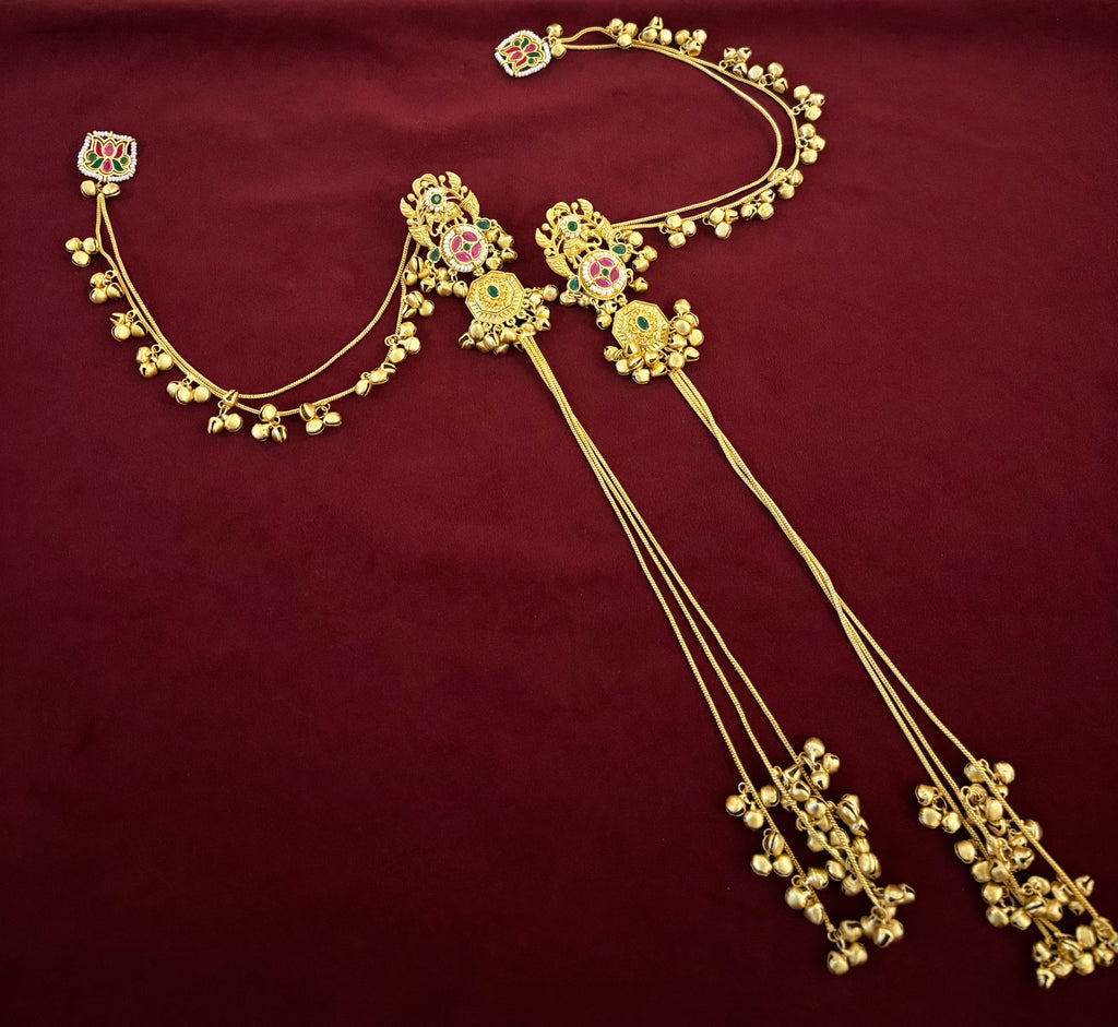 Laxmi Kashmiri Long Layer Earrings With Detachable Side Layer (Ruby & Green)