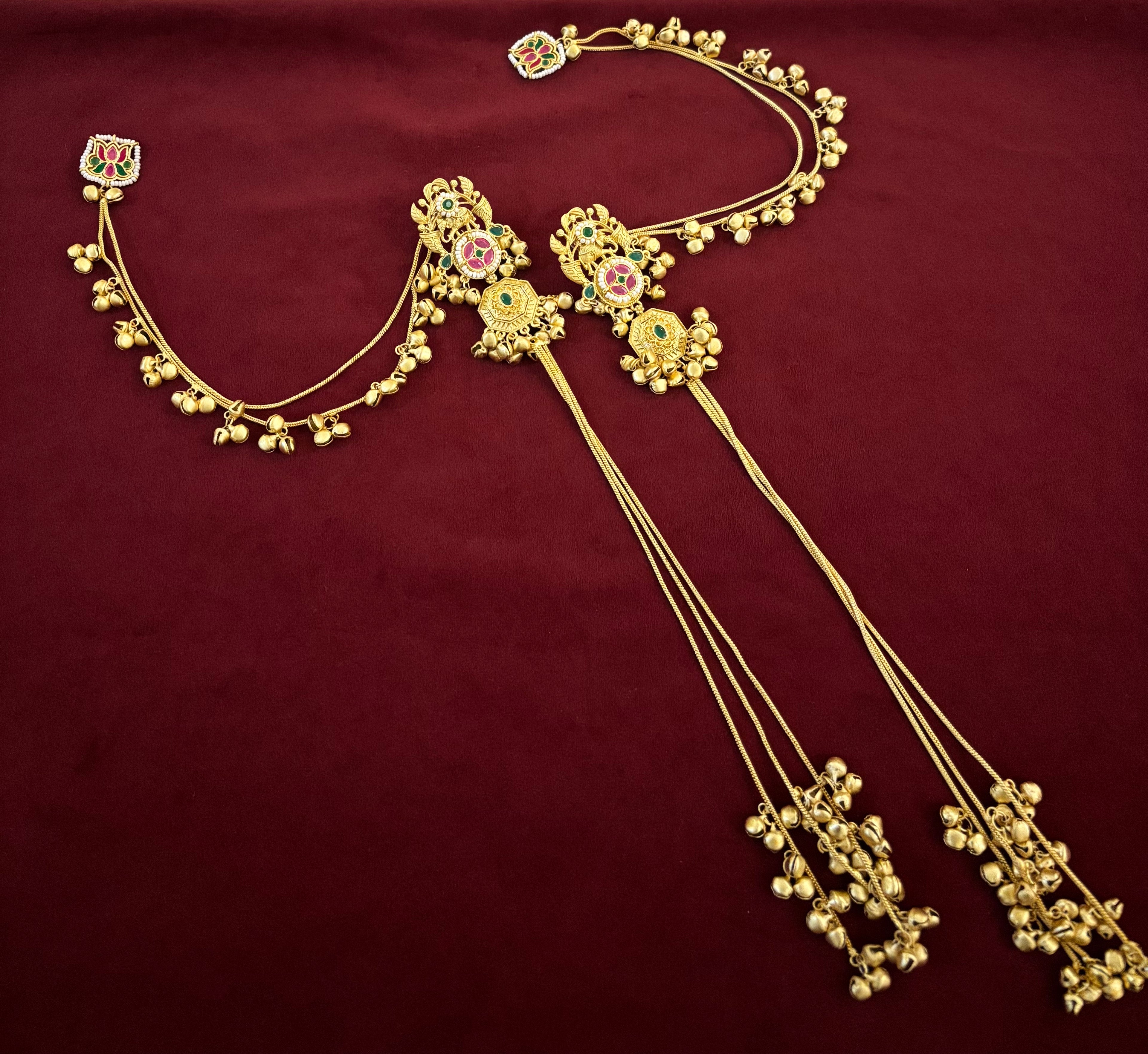 Laxmi Kashmiri Long Layer Earrings With Detachable Side Layer (Ruby & Green)