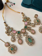 Princess Elsa Sabya Inspired Necklace With Mang Tikka & Earrings (Pink/Mint)