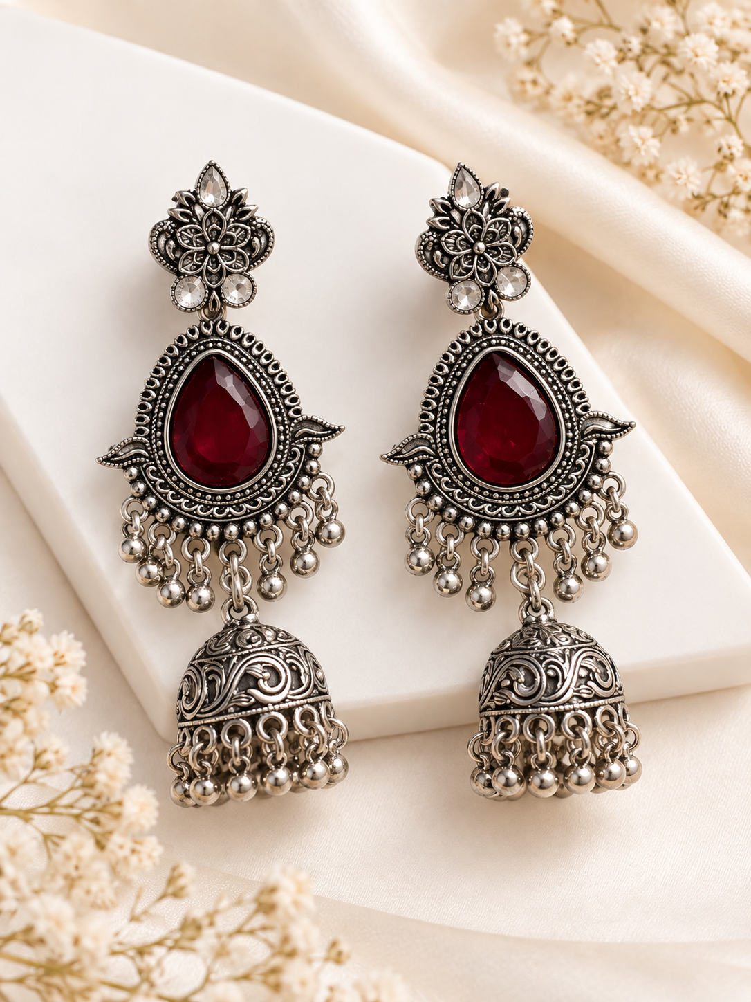 Akriti Silver Jhumkas (Maroon)