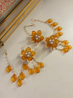 Rose Petal & Mogra Touch Necklace With Mang Tikka & Earrings With Side Layers (Yellow)
