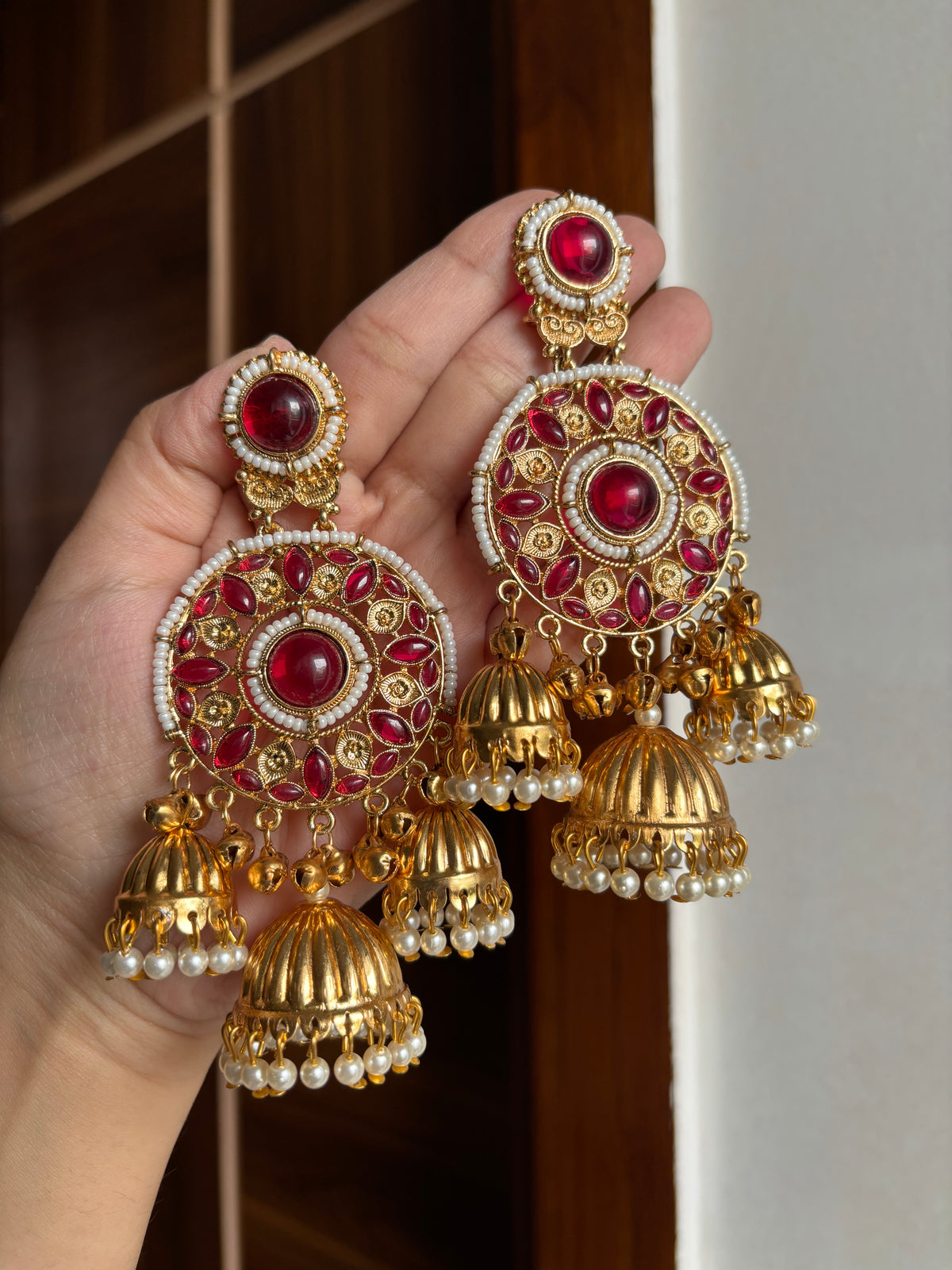 Ritika Round Kashmiri Jhumkas With Detachable Earchain (Ruby)