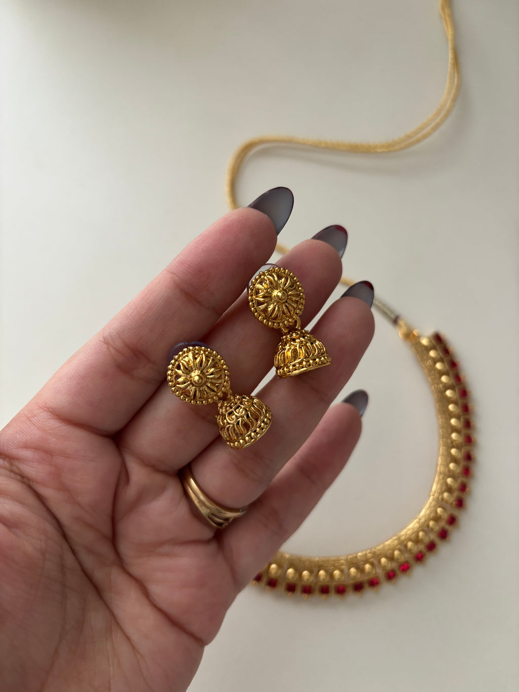 Sleek Gold Look Like Ruby Necklace With Jhumki