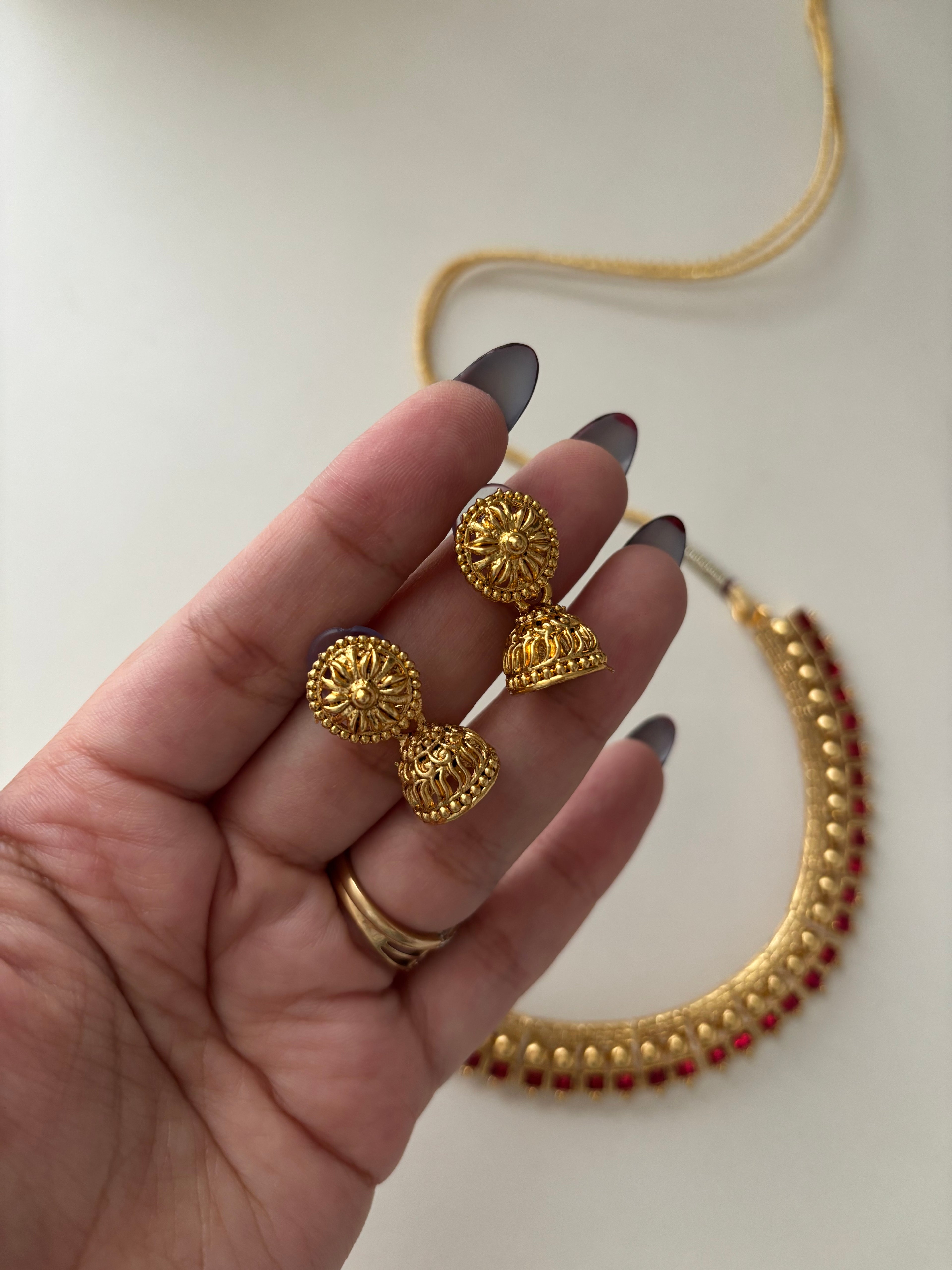 Sleek Gold Look Like Ruby Necklace With Jhumki
