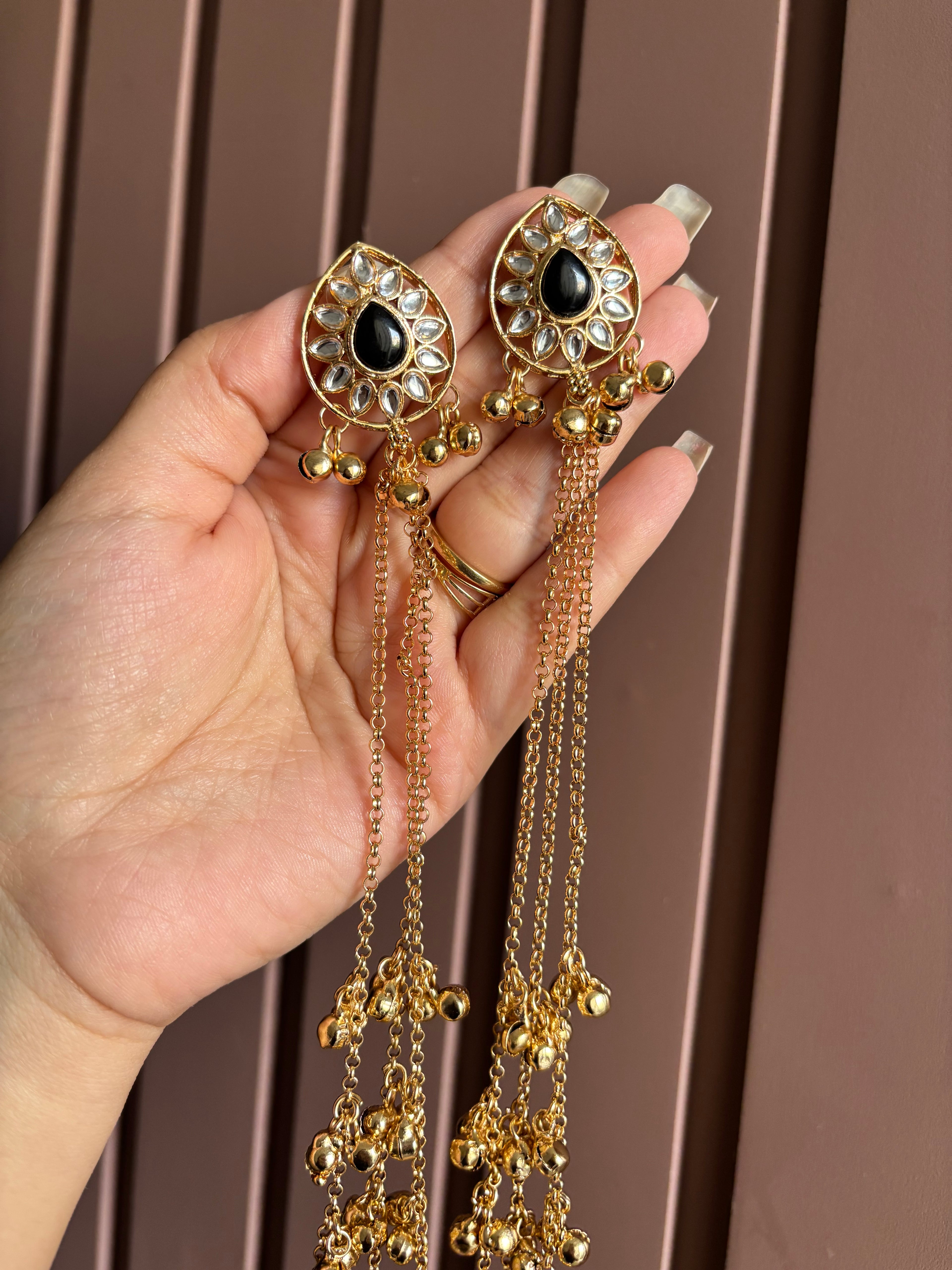 Black Kundan Touch Long Kashmiri Earrings