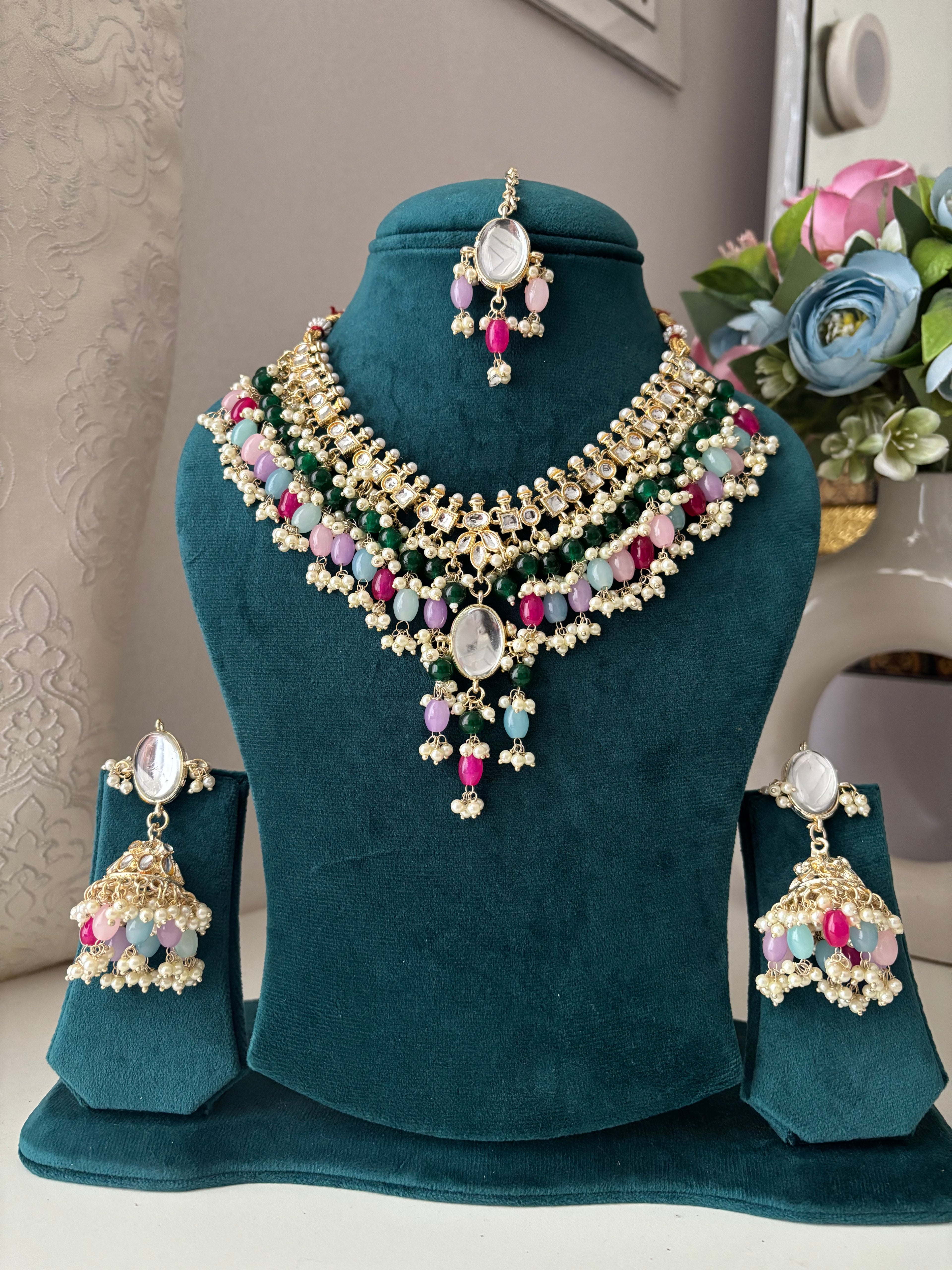 Premium Kundan Touch Navrattan Necklace With Mang Tikka & Jhumkas