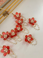Flower Petal Floral Necklace With Mang Tikka & Earrings (Red)