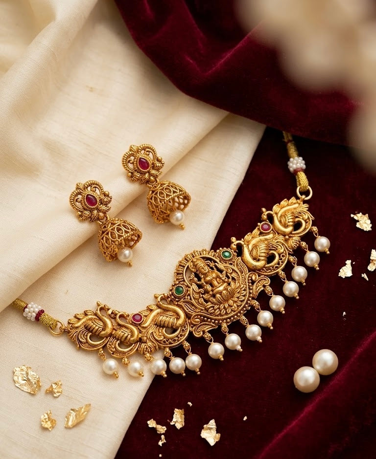 Gold Look Like Choker Necklace With Jhumkas Design-5