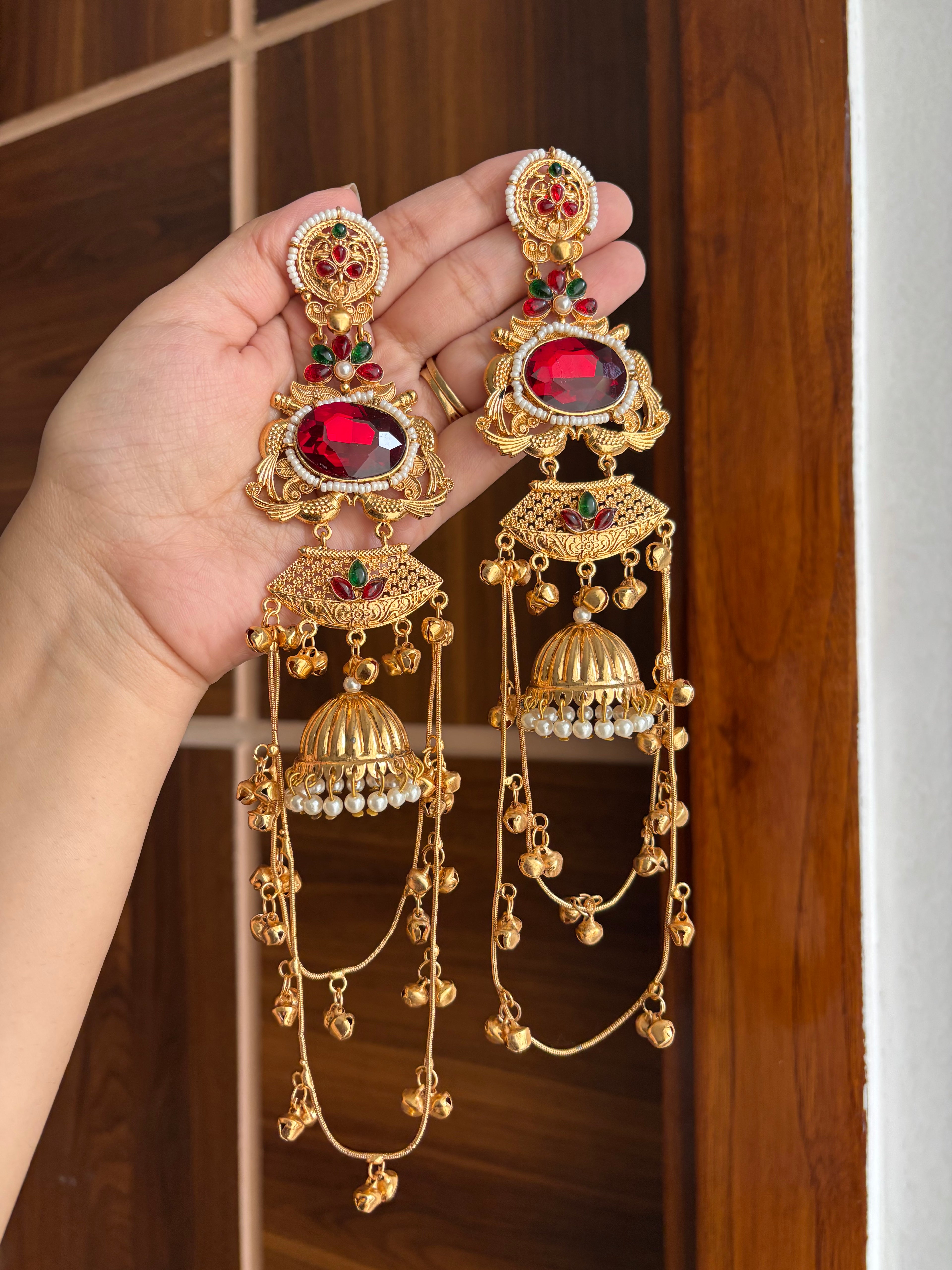 Tulsi Kashmiri Long Earrings (Maroon & Green)