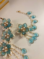 Rose Petal & Mogra Touch Necklace With Mang Tikka & Earrings With Side Layers (Blue)