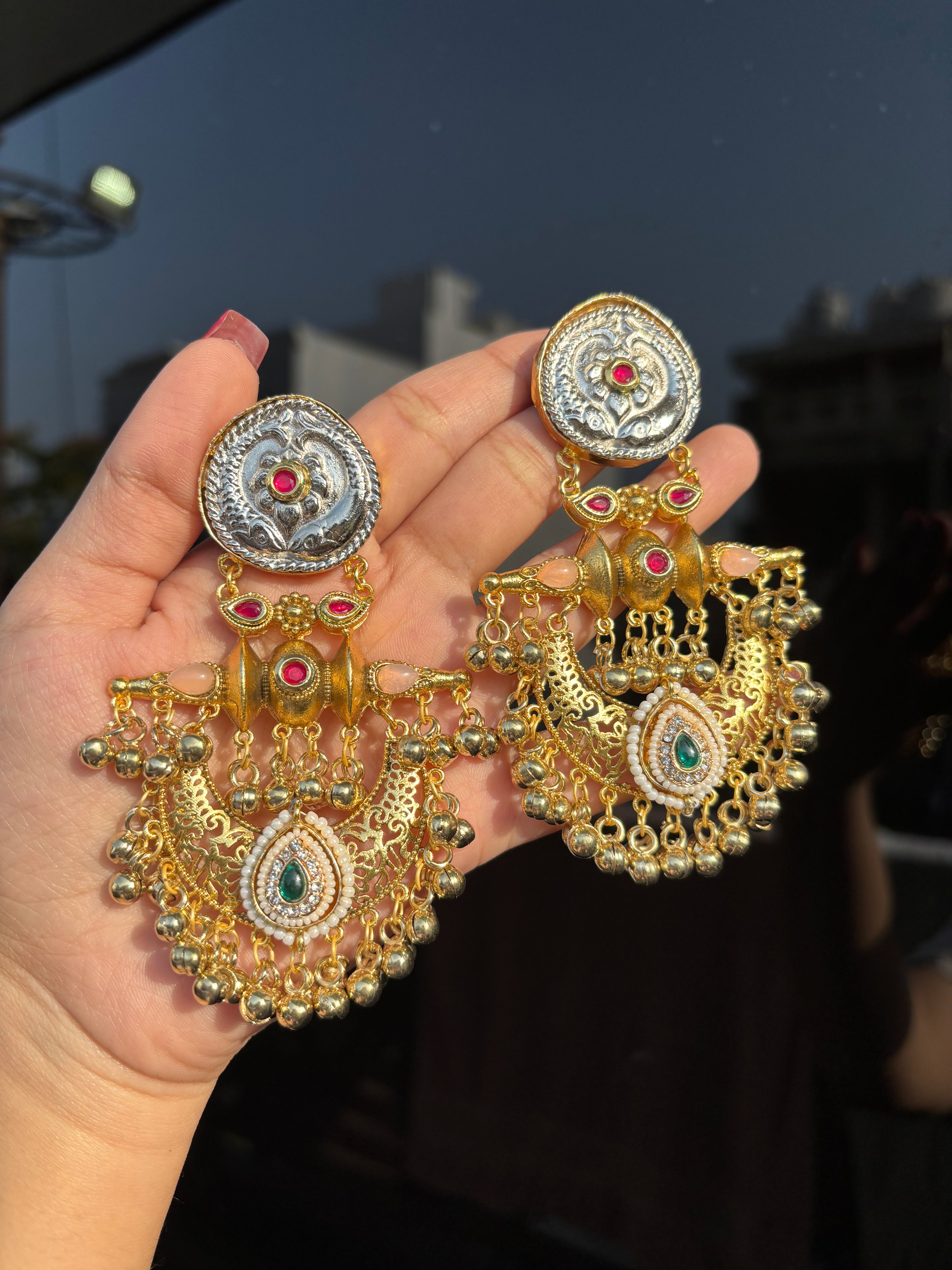 Silver & Golden Fusion Kashmiri Ghungroo Earrings