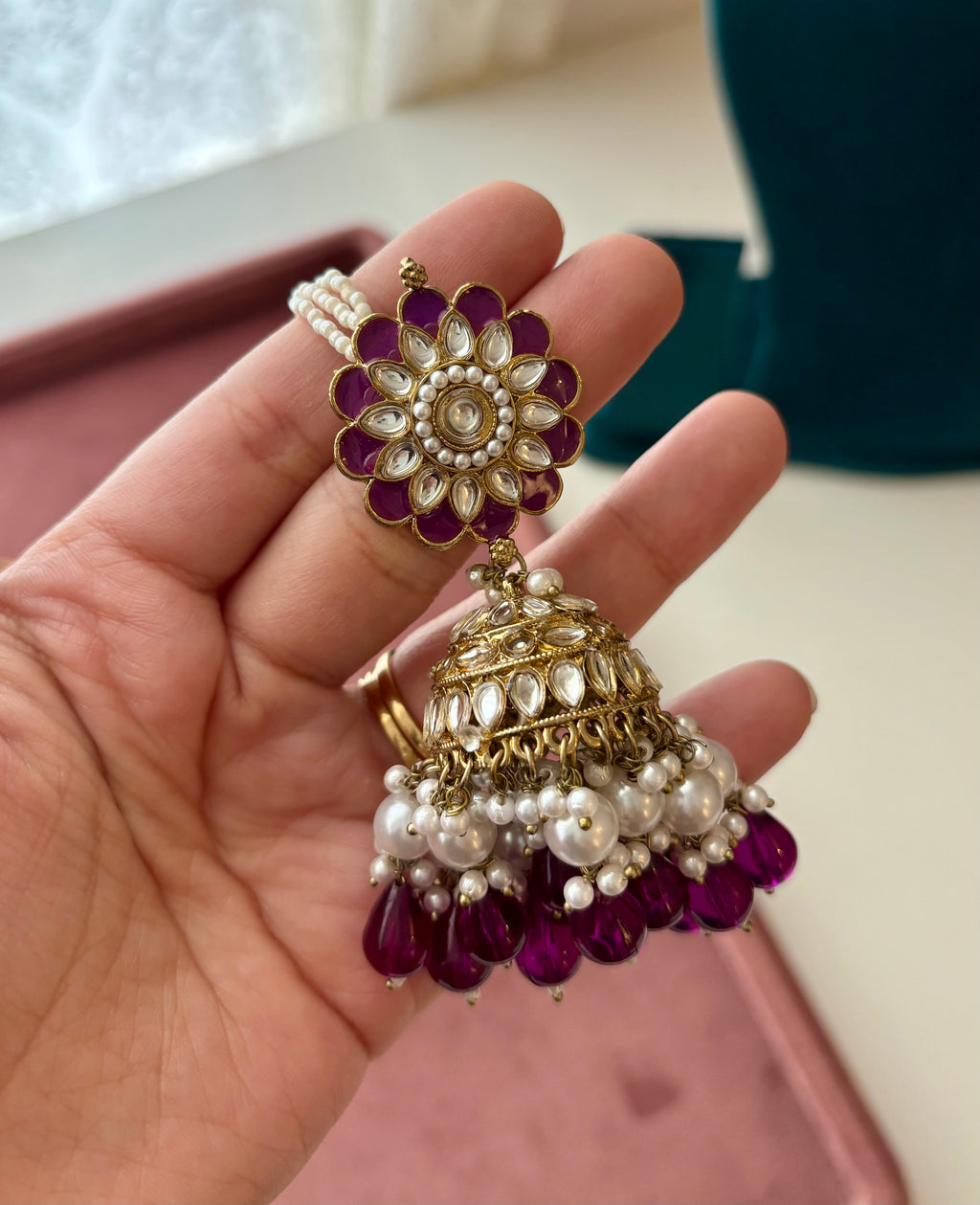 Flower Meenakari & Kundan Touch Jhumkas With Detachable Earchain (Purple)