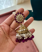 Flower Meenakari & Kundan Touch Jhumkas With Detachable Earchain (Purple)