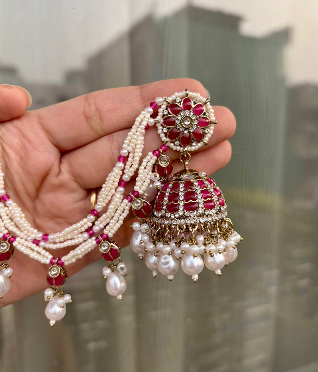 Sunpreet Dark Pink Pearls & Stones Touch Jhumkas With Side Layers