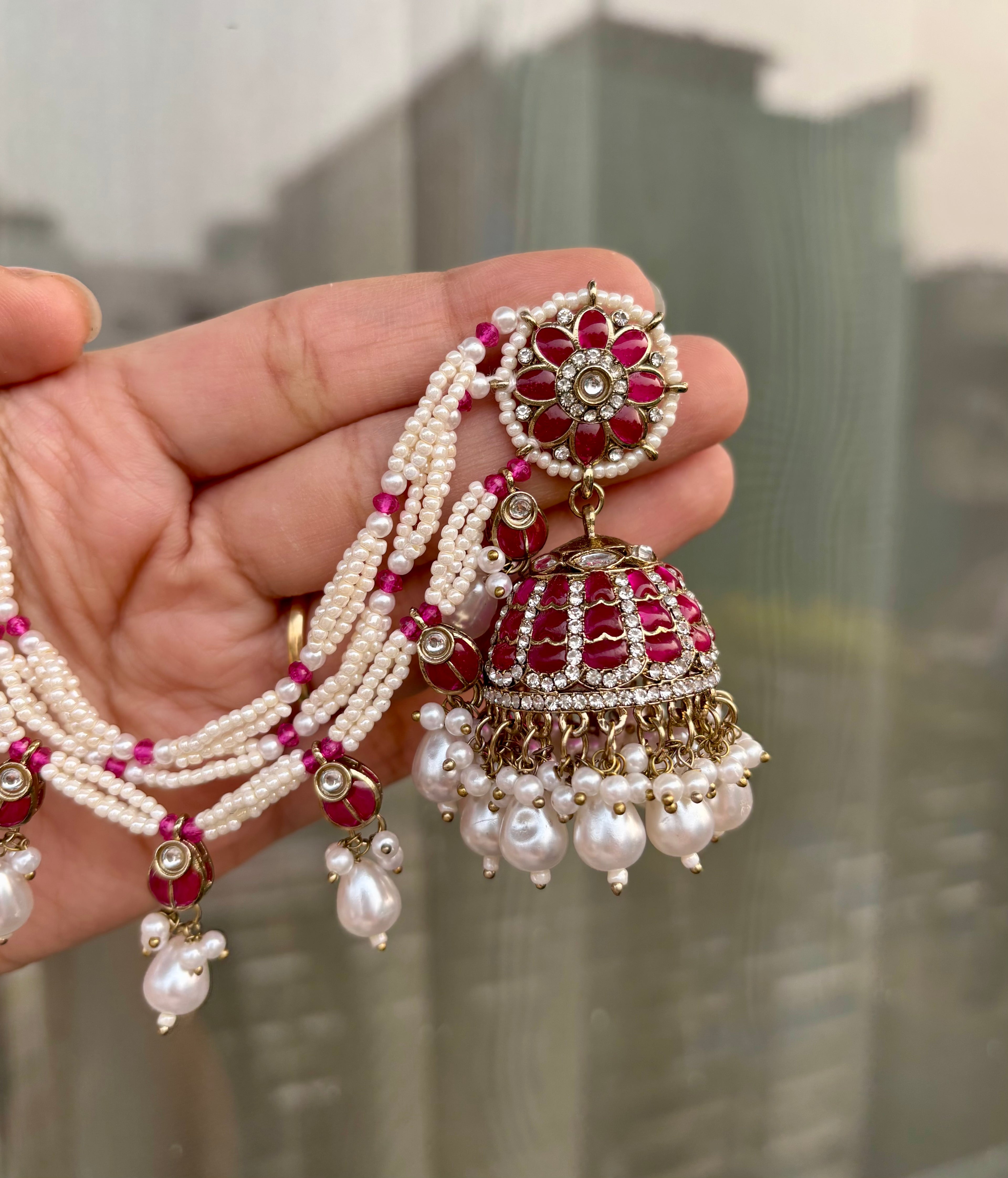 Sunpreet Dark Pink Pearls & Stones Touch Jhumkas With Side Layers