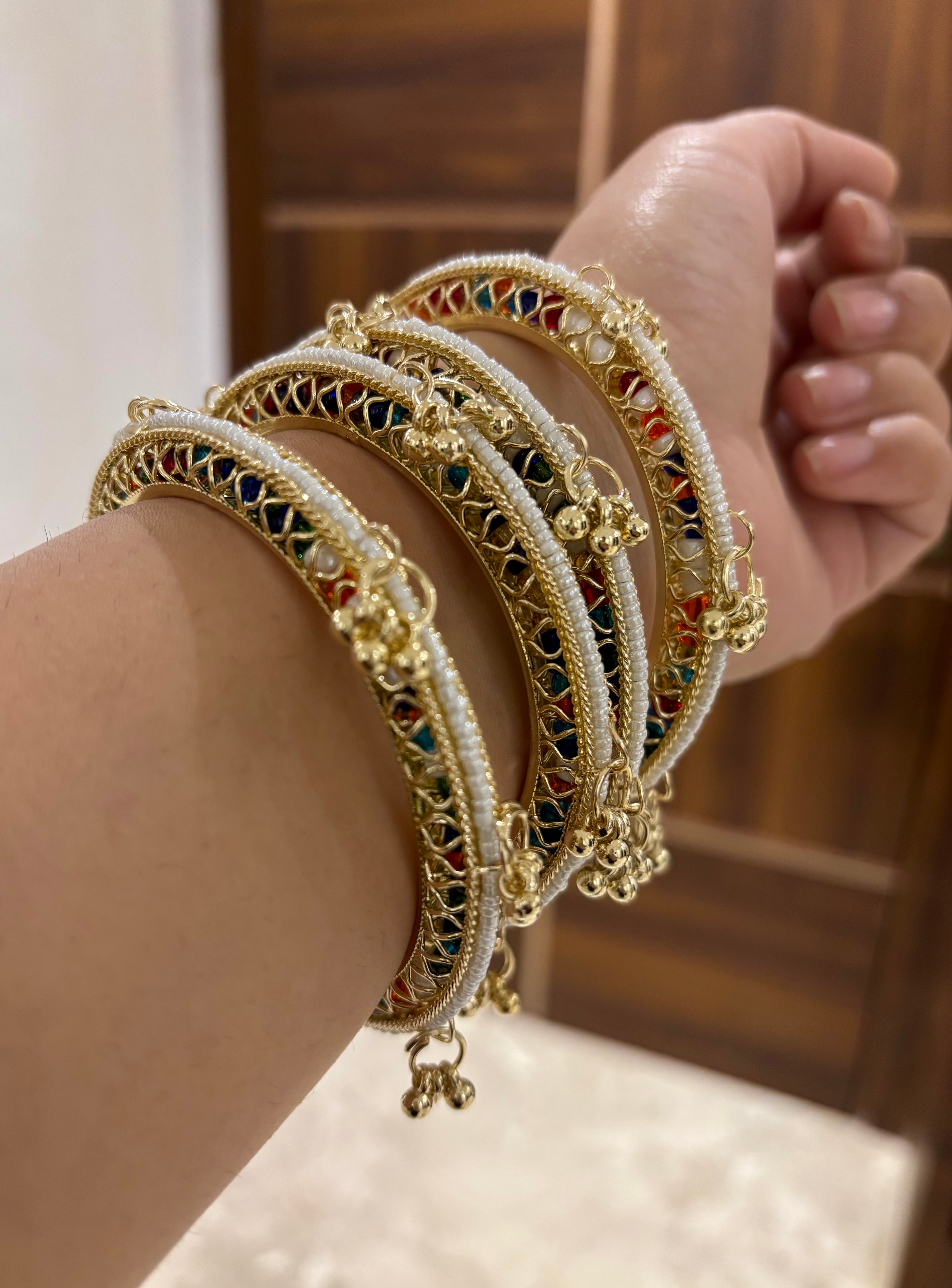 High Quality Designer Pearl & Ghungroo Touch Bangles ( Set Of 4 )