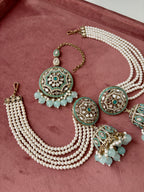 Mirror Cut Mang Tikka With Jhumkas & Detachable Earchain ( Powder Blue )