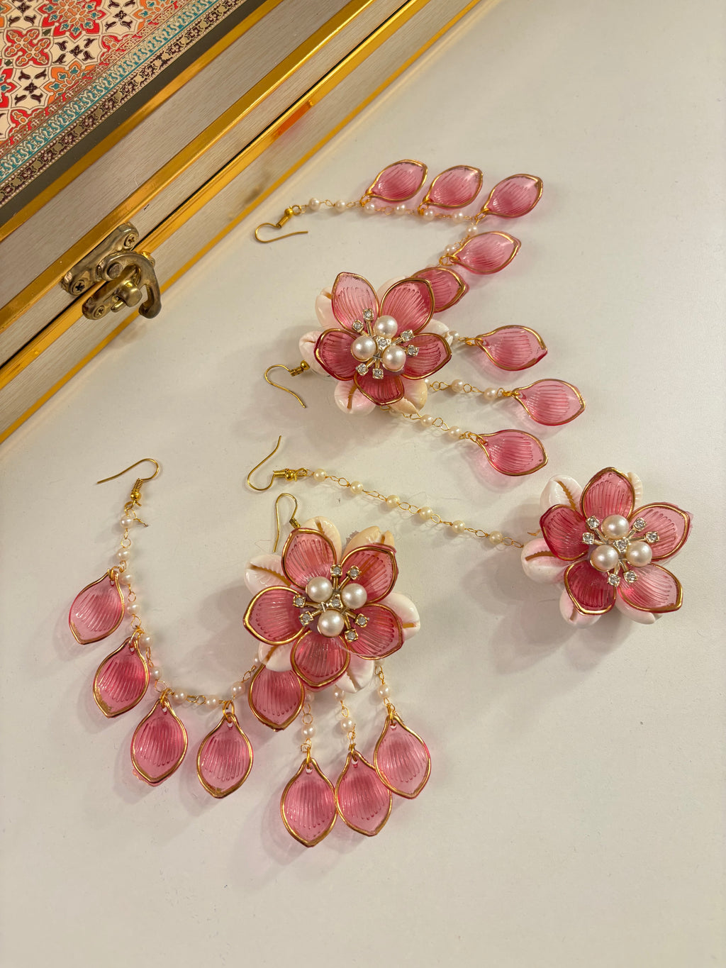 Rose Petal & Mogra Touch Necklace With Mang Tikka & Earrings With Side Layers (Light Wine)