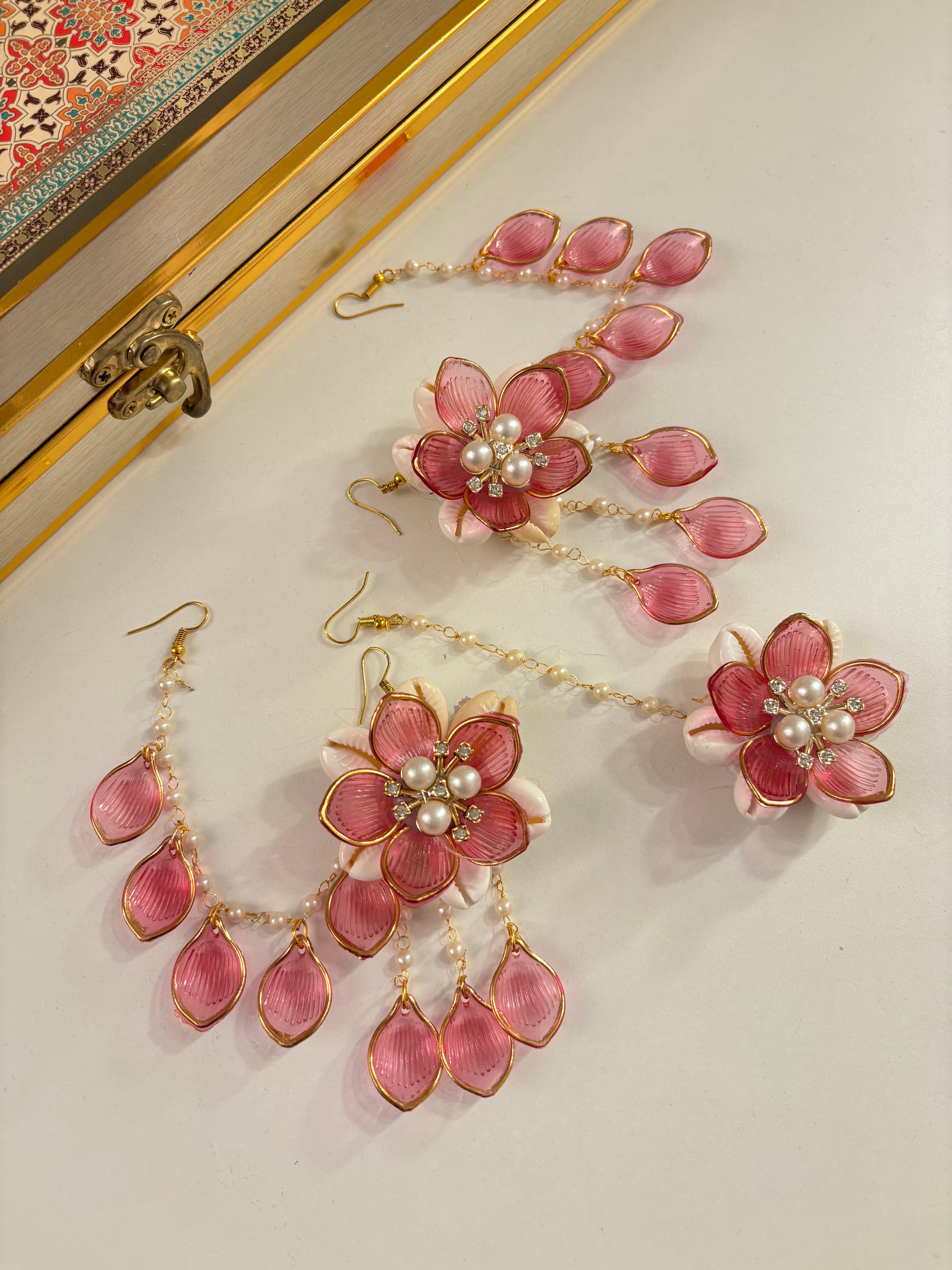 Rose Petal & Mogra Touch Necklace With Mang Tikka & Earrings With Side Layers (Light Wine)