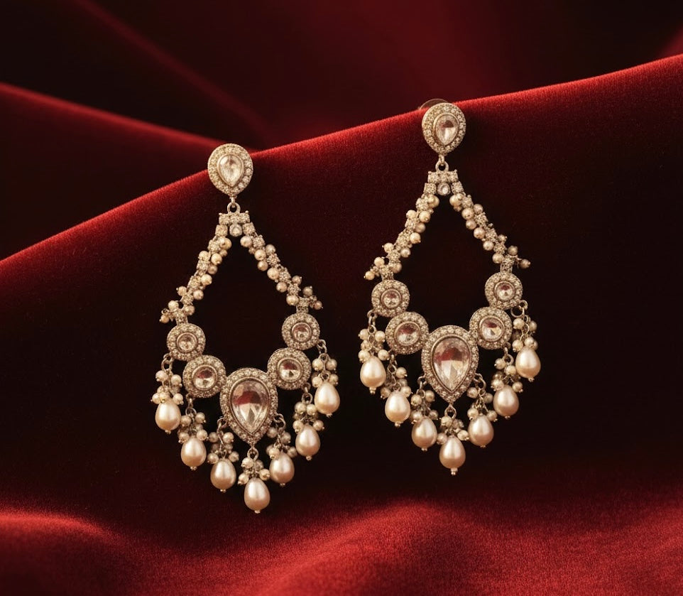 High Quality Designer Long Chandbali Earrings ( Ivory )