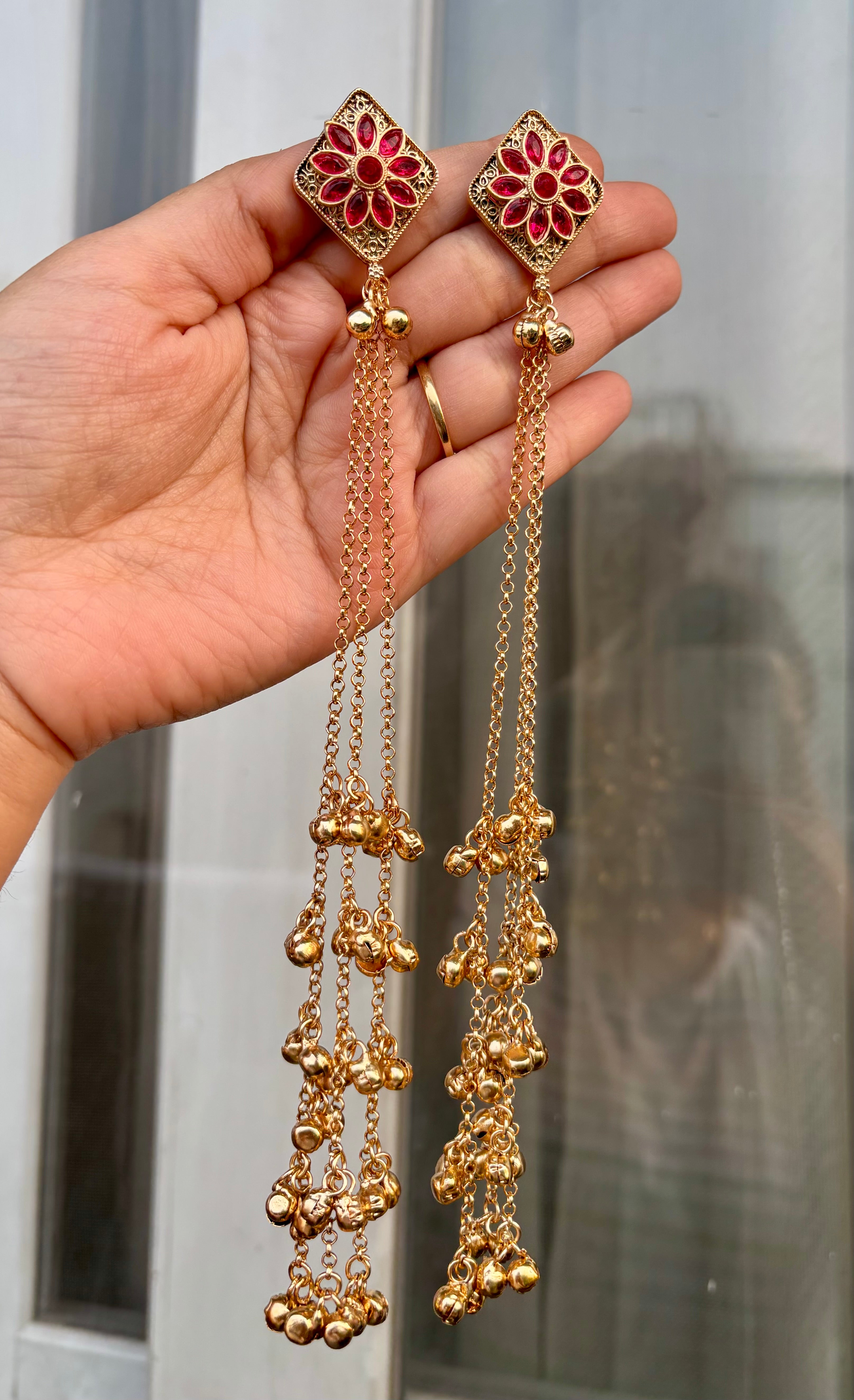 Red Daisy Stud Kashmiri Long Layer Ghungroo Earrings