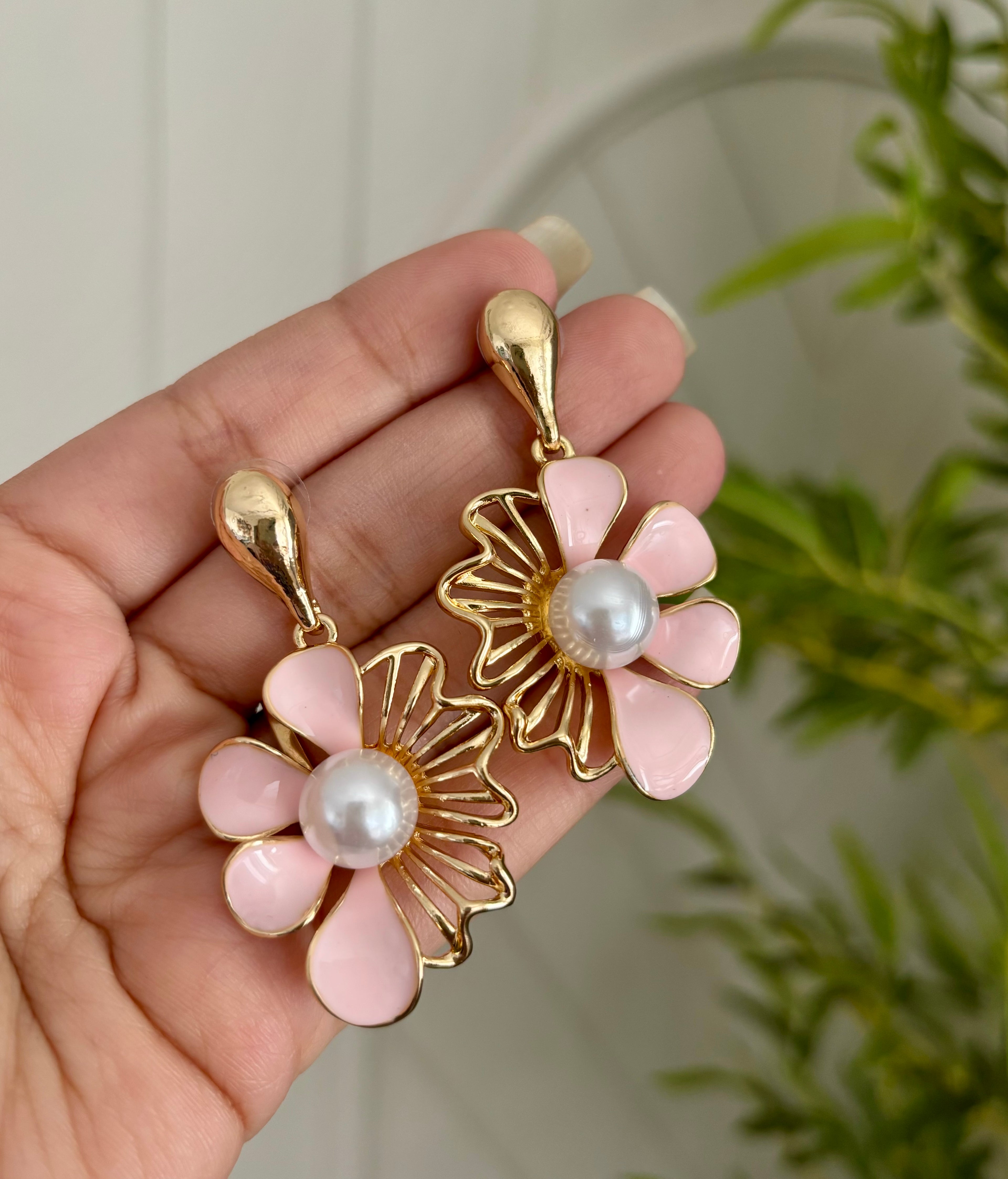 Baby Pink Flower Pearl Drop Earrings