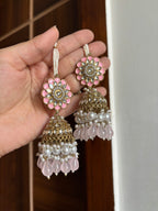 Flower Meenakari & Kundan Touch Jhumkas With Detachable Earchain (Baby Pink)