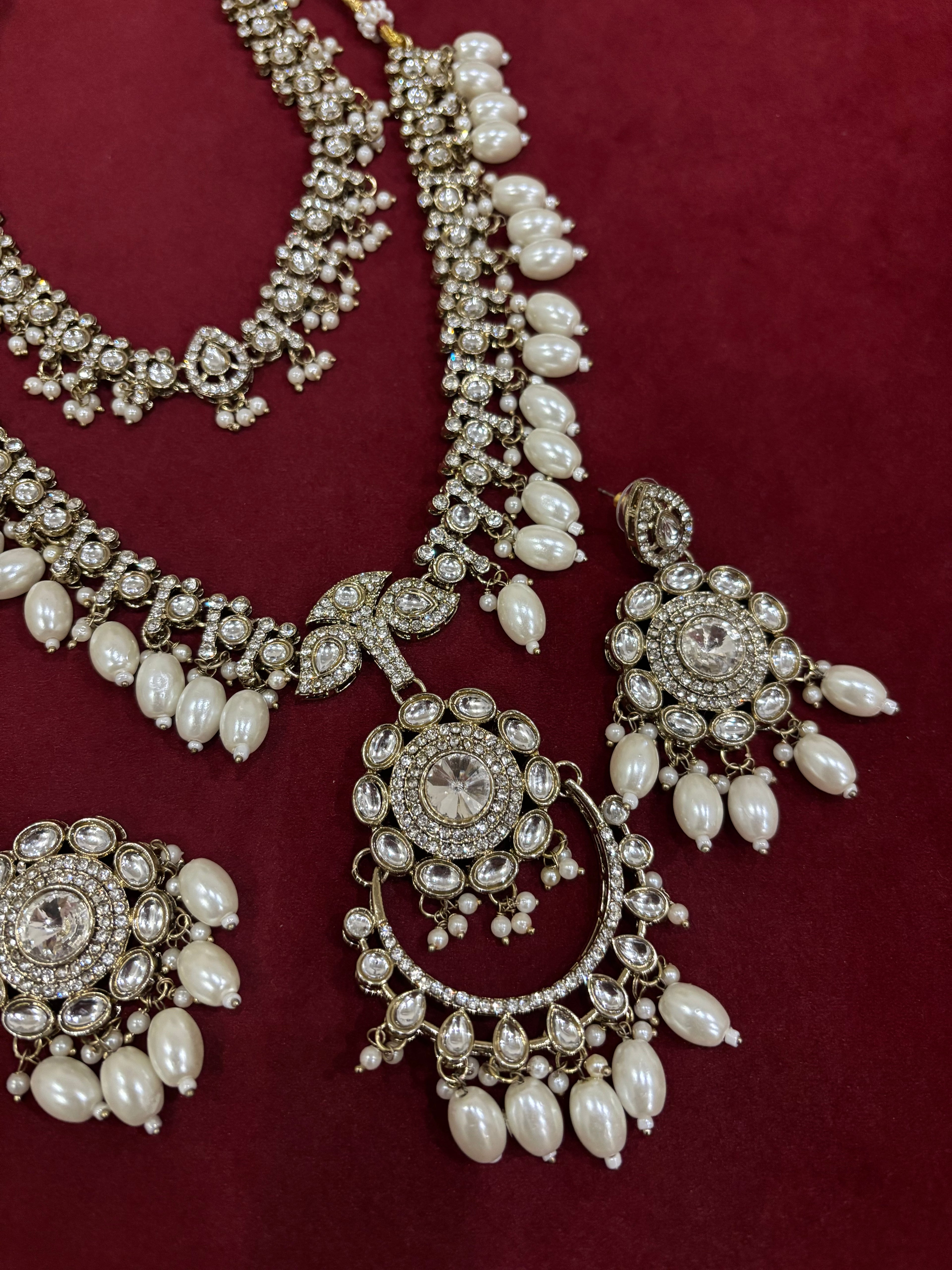 High Quality Designer Double Layer Statement Pearl Necklace With Mang Tikka & Earrings