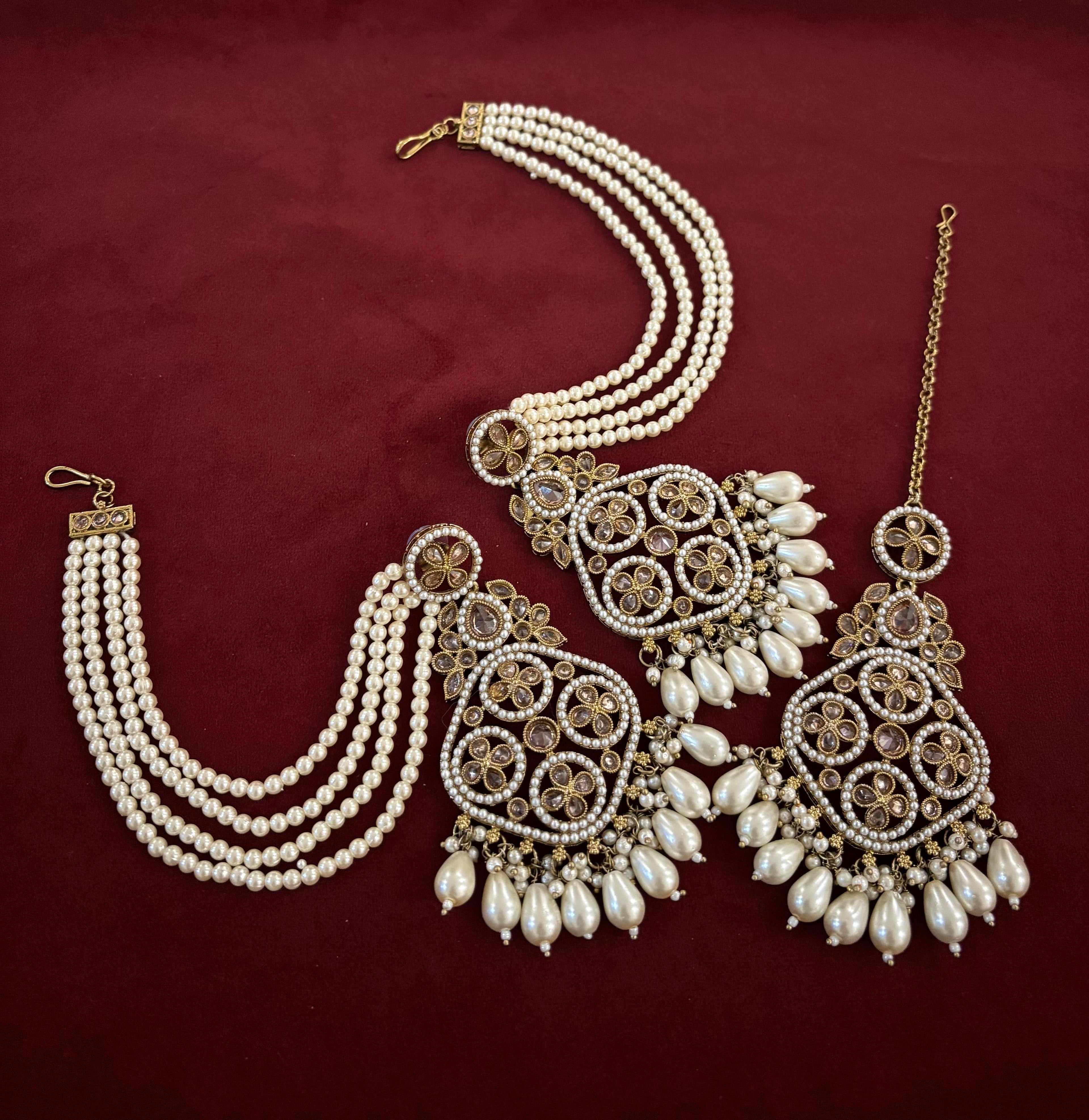 Nagma High Quality Designer Jadau Ivory Mang Tikka With Earrings In Layers With Side Layers