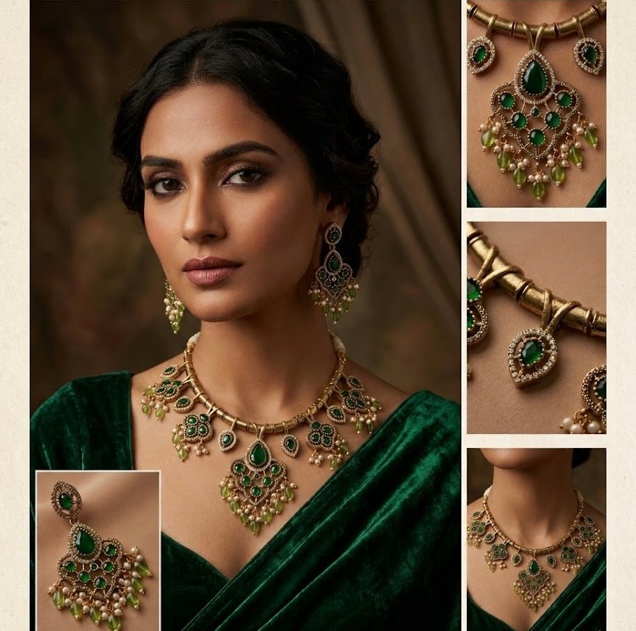 Prableen Premium Necklace With Earrings ( Emerald )