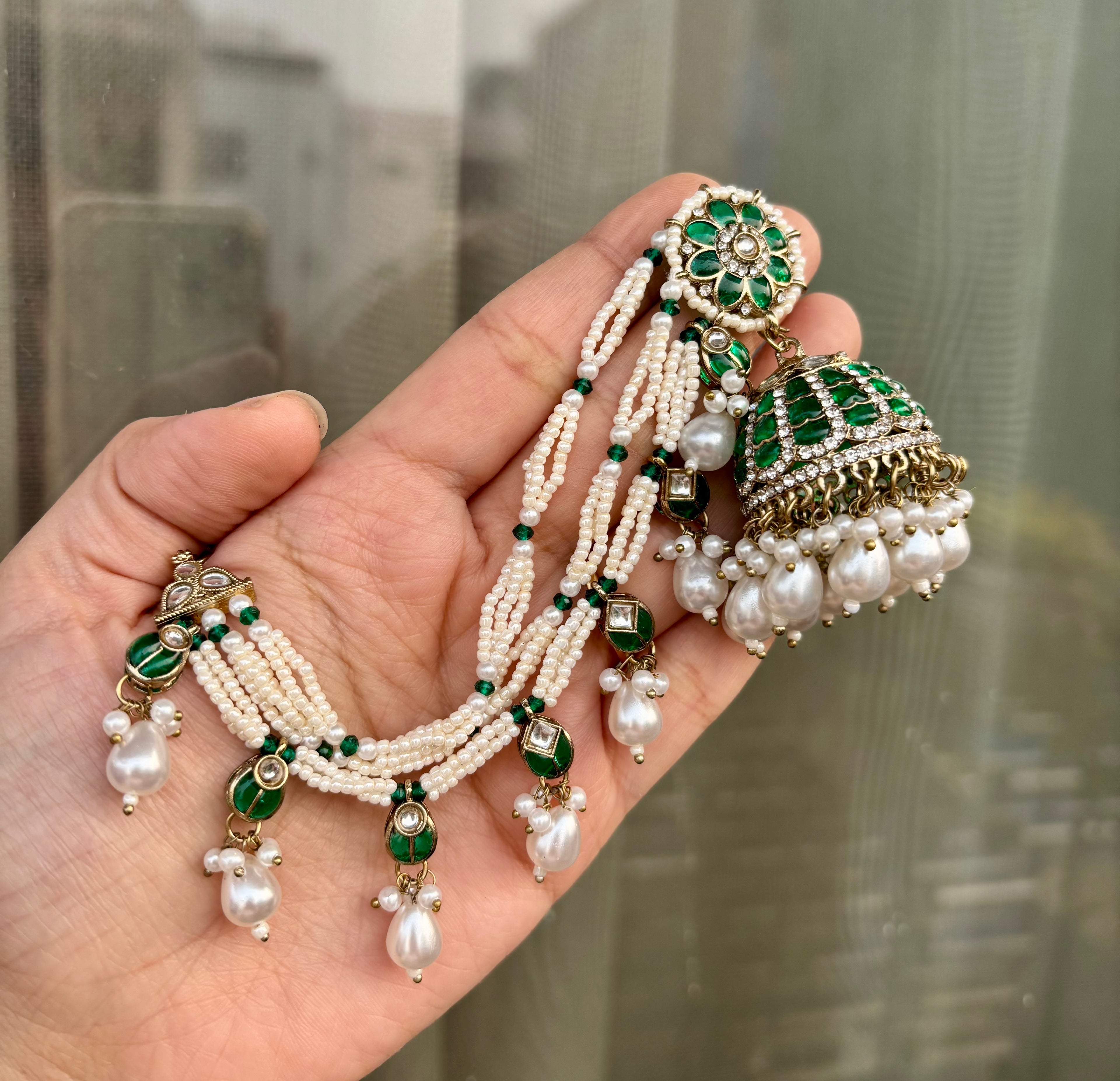 Sunpreet Green Pearls & Stones Touch Work Jhumkas With Side Layers