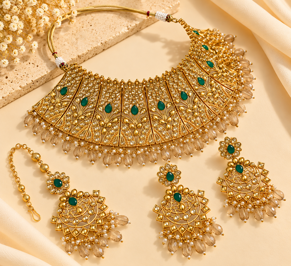 Premium CZ Stones Work Heavy Look Choker Set With Mang Tikka & Earrings (Green)