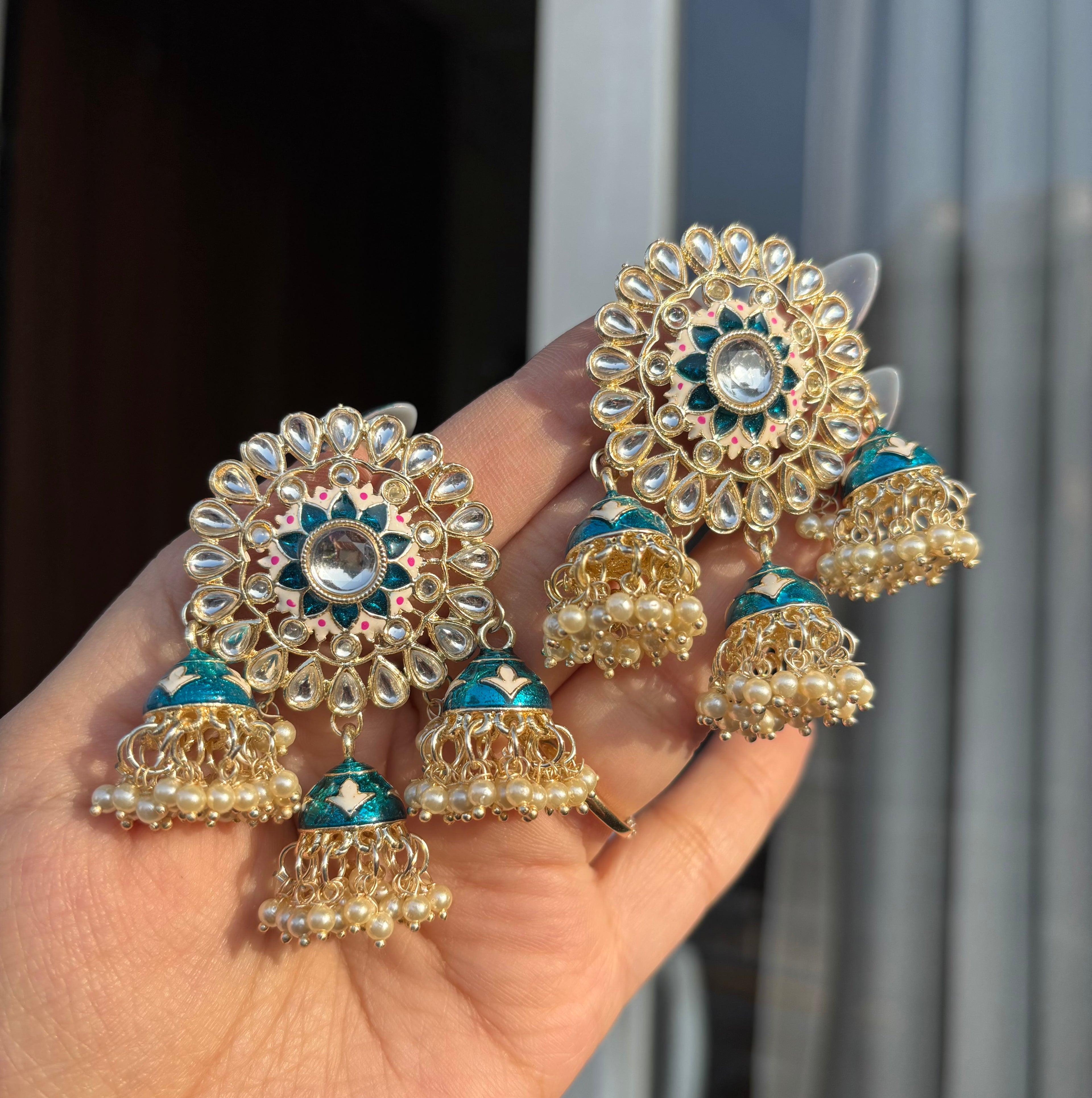 Peacock Blue Meenakari & Kundan Touch Statement Earrings