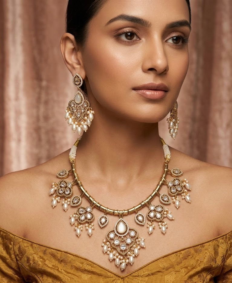 Prableen Premium Necklace With Earrings (Ivory)