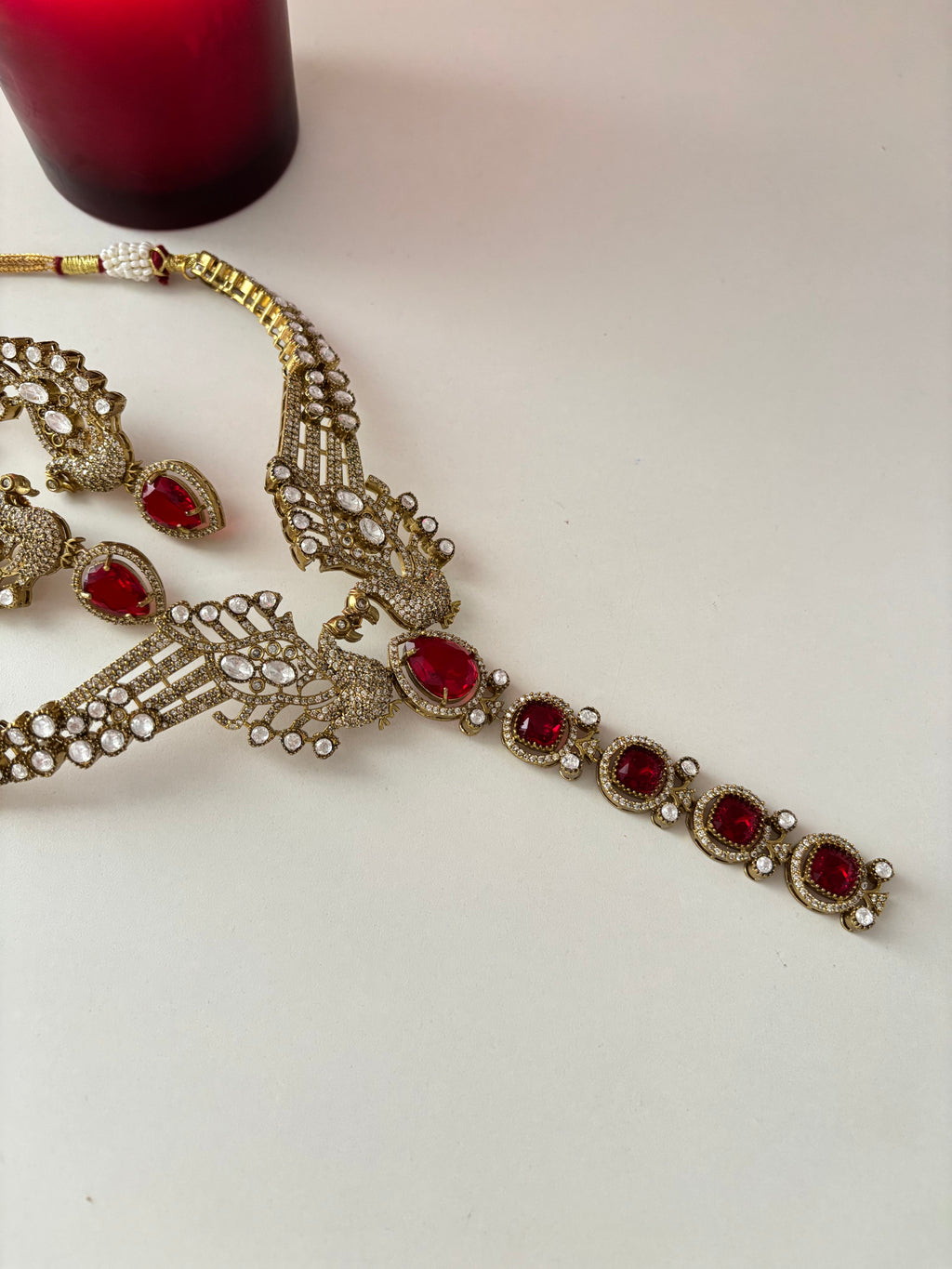 Royal Peacock Designer Statement Premium Doublet Stones Work Necklace With Earcuff (Ruby)