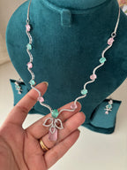 Angel American Diamond Sleek Necklace With Earrings (Pink Mint Mix)